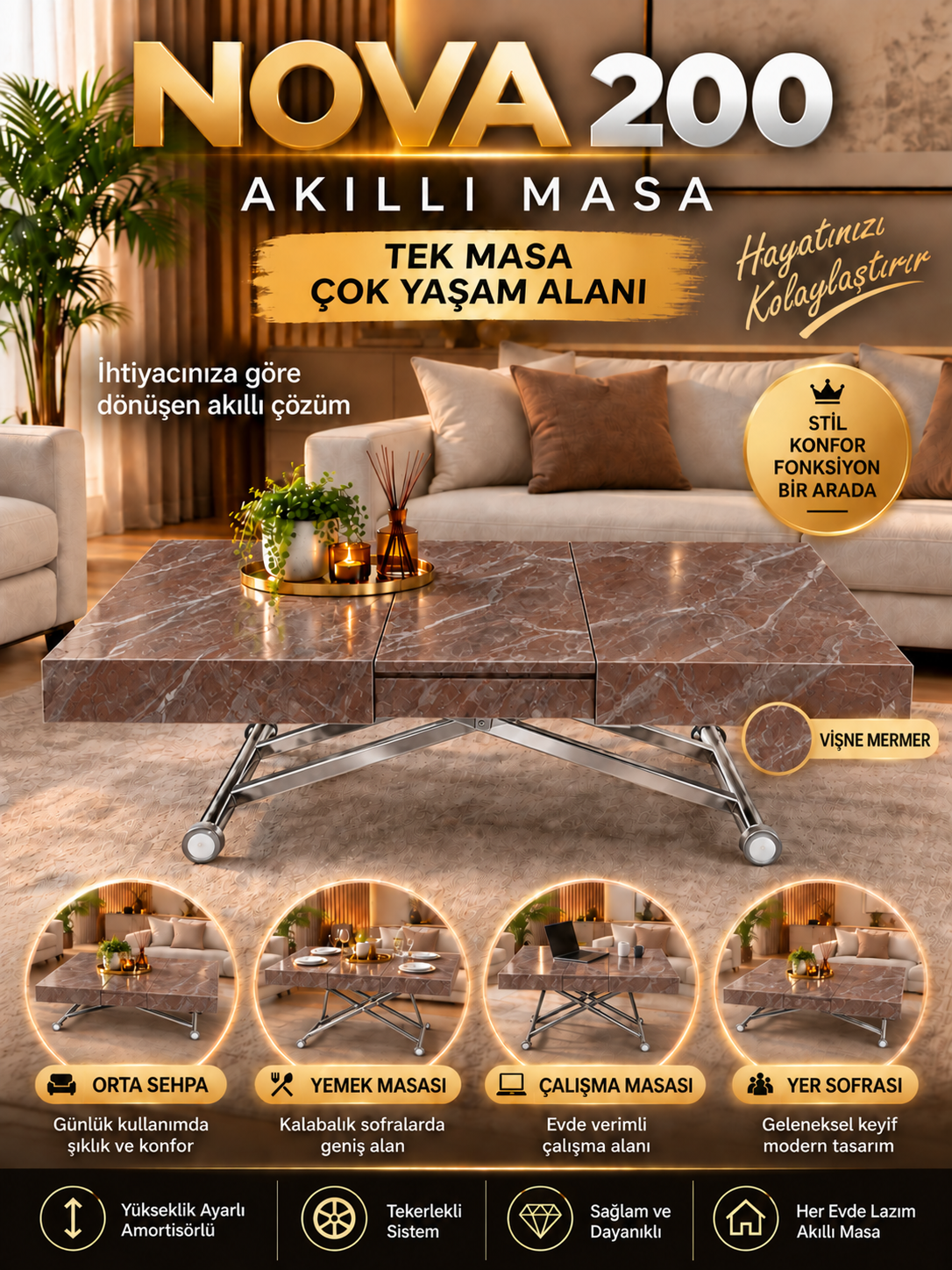Oval Side-Opening Smart Table | Travertine MDF & Black