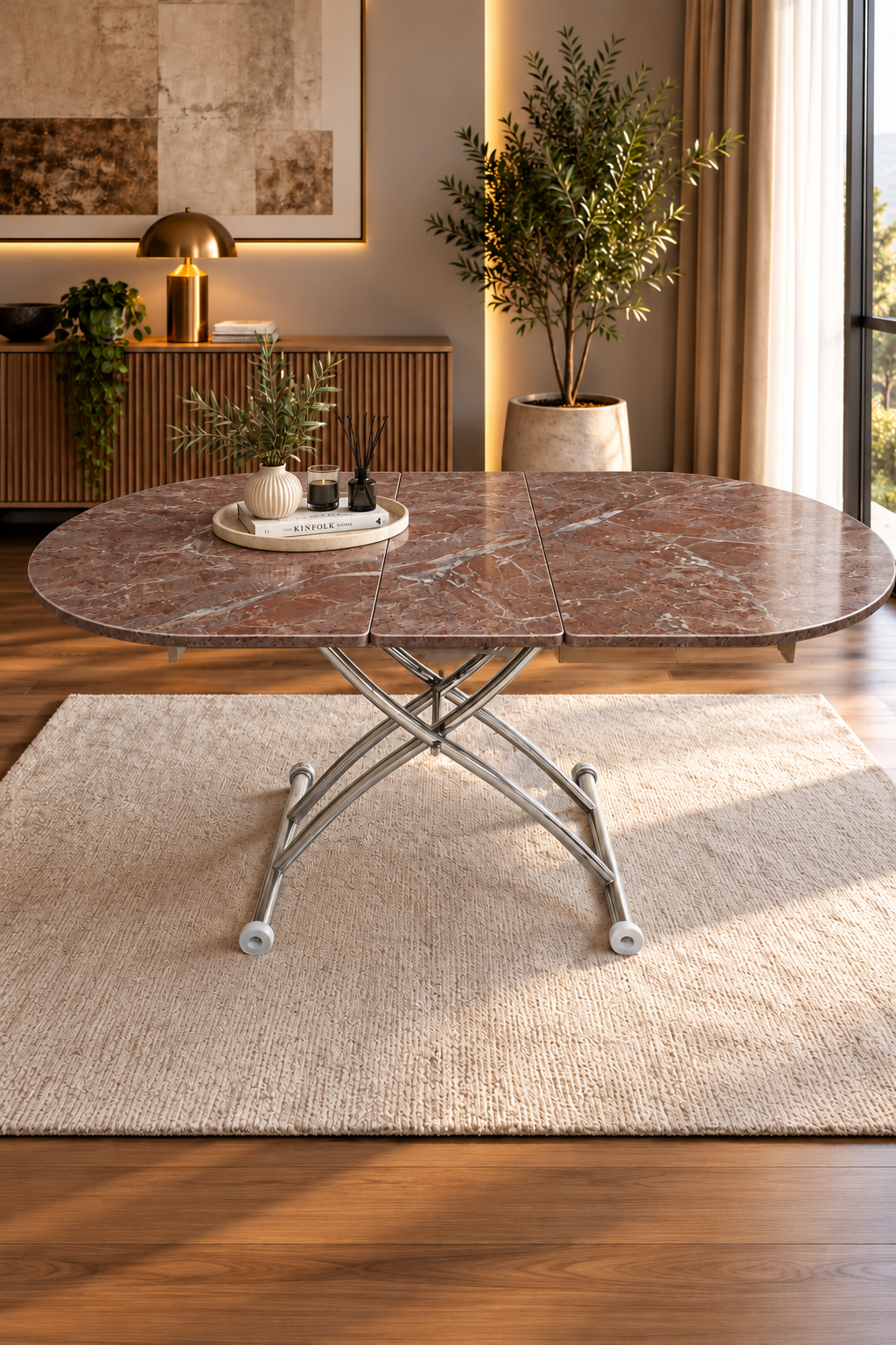 Ortadan Açılır Oval Akıllı Masa | VişneMermer MDF & Krom