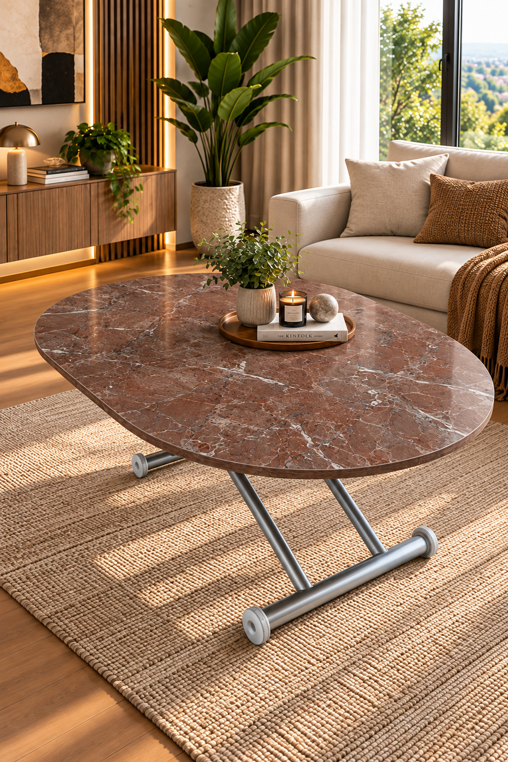 Ortadan Açılır Oval Akıllı Masa | VişneMermer MDF & Krom