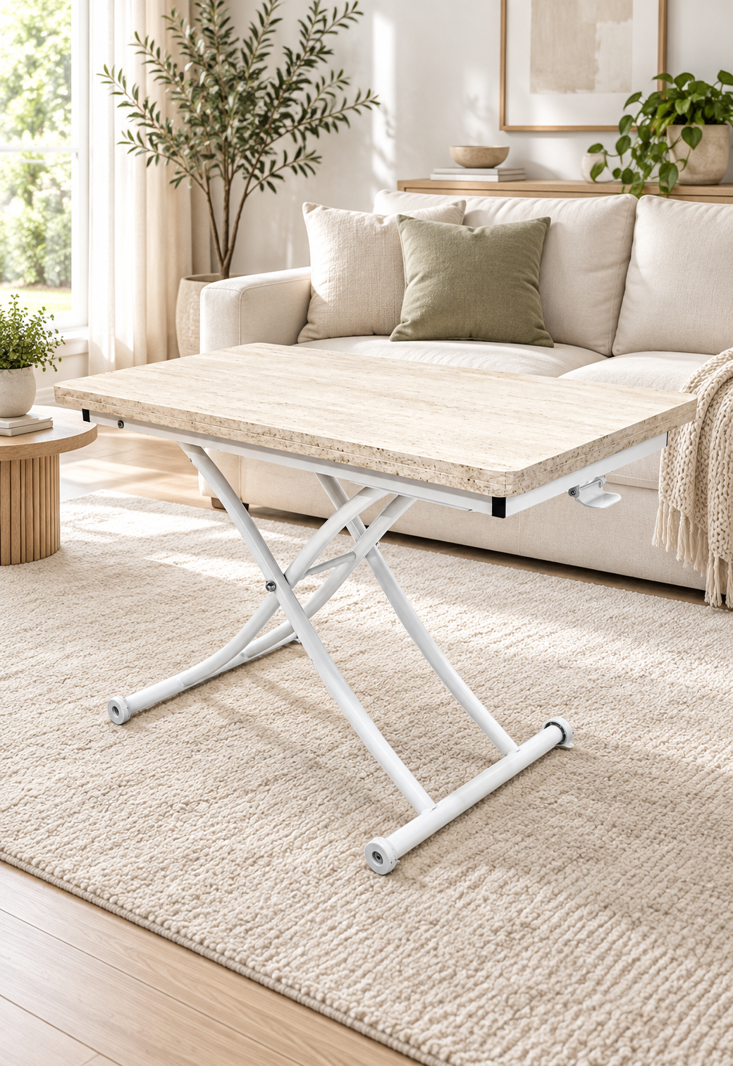 Juppo Smart Coffee Table – Travertine MDF Top & White Metal Legs
