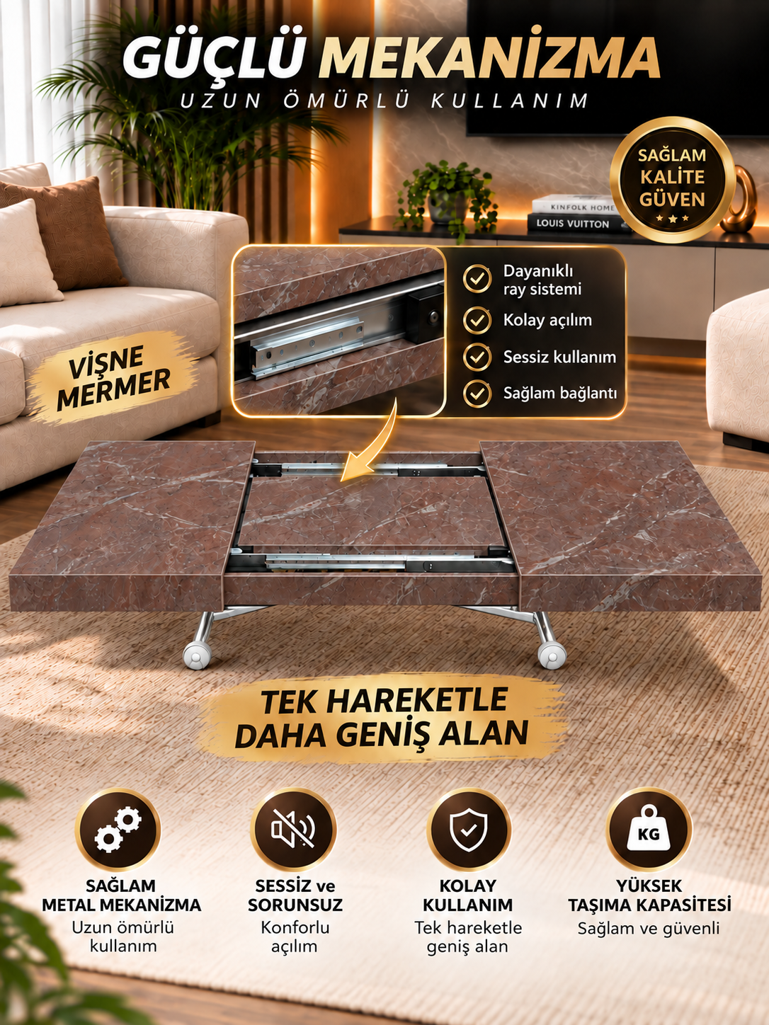 Oval Side-Opening Smart Table | Travertine MDF & Black
