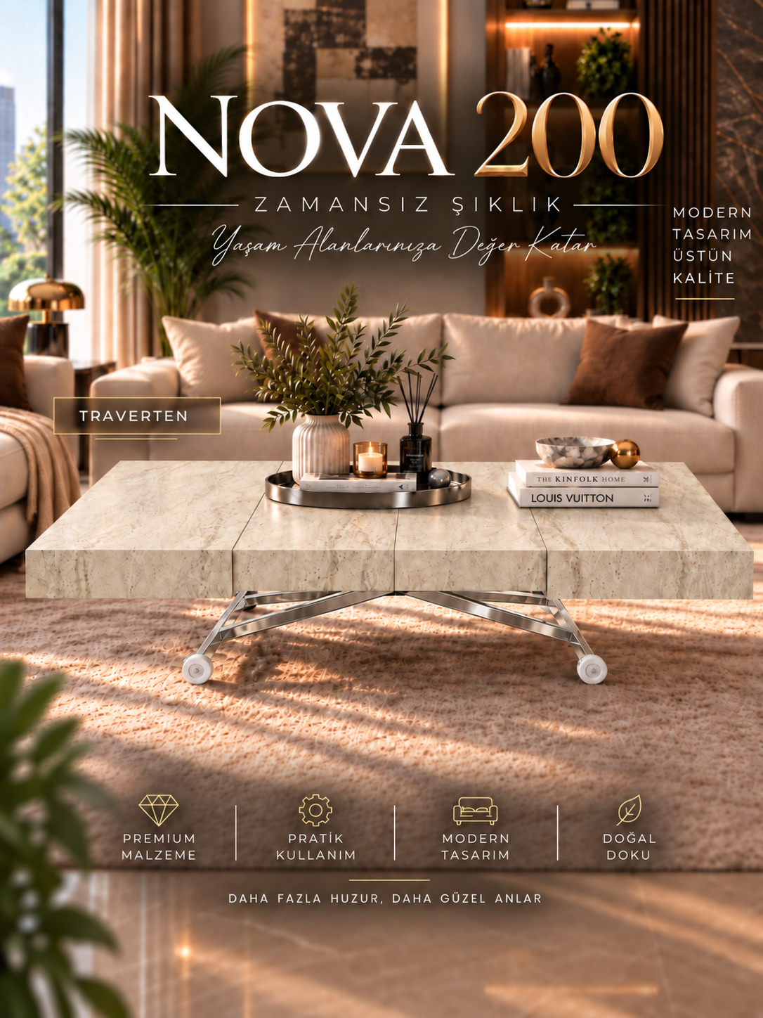 Oval Side-Opening Smart Table | Travertine MDF & Black