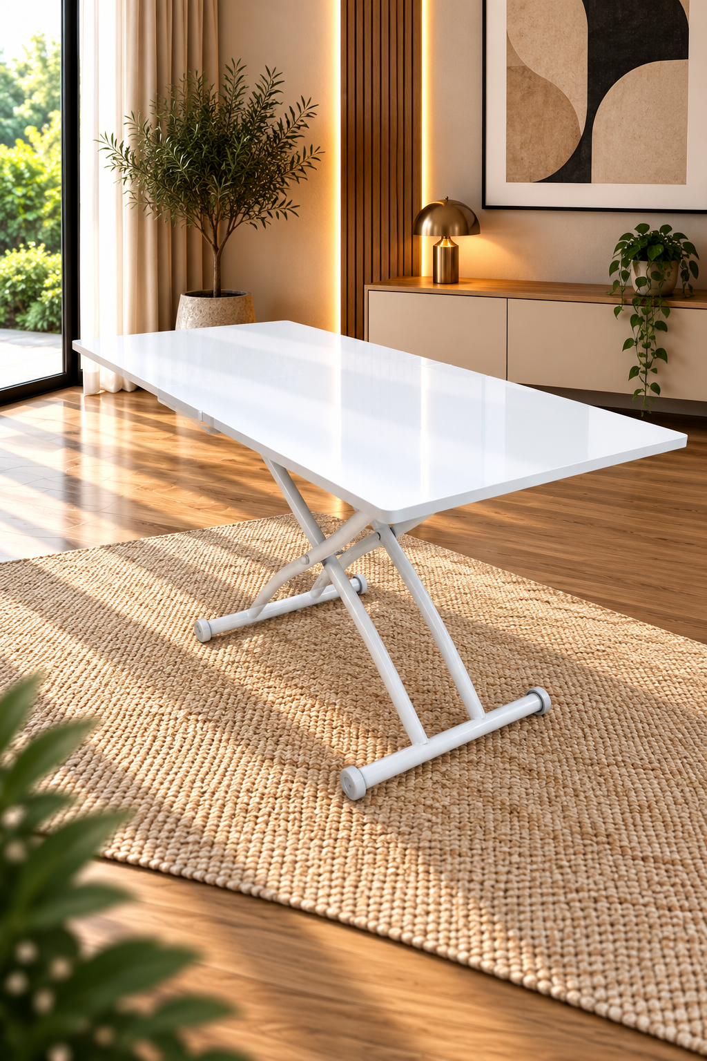 Square Smart Table with Central Opening | White Marble MDF & White