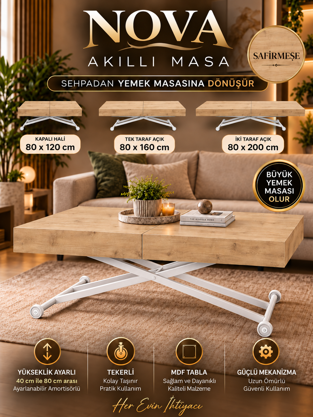 Oval Side-Opening Smart Table | Travertine MDF & Black