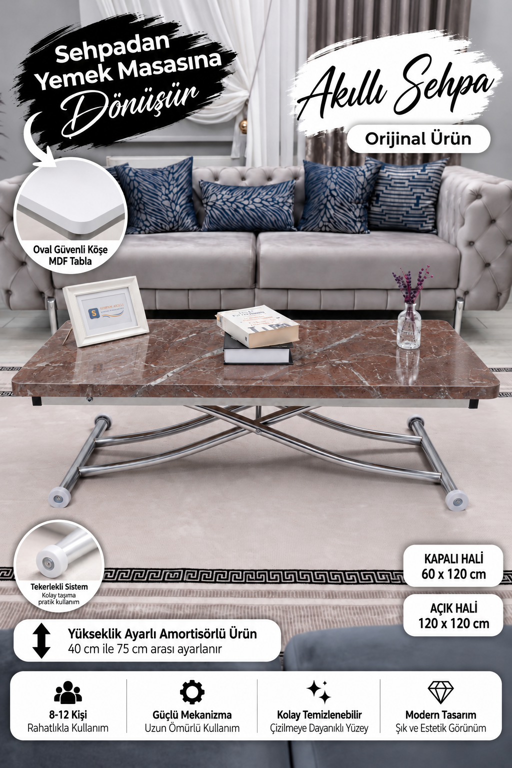 Juppo Akıllı Sehpa – VişneMermer MDF Üst & Krom İçe Kıvrım Metal Ayak