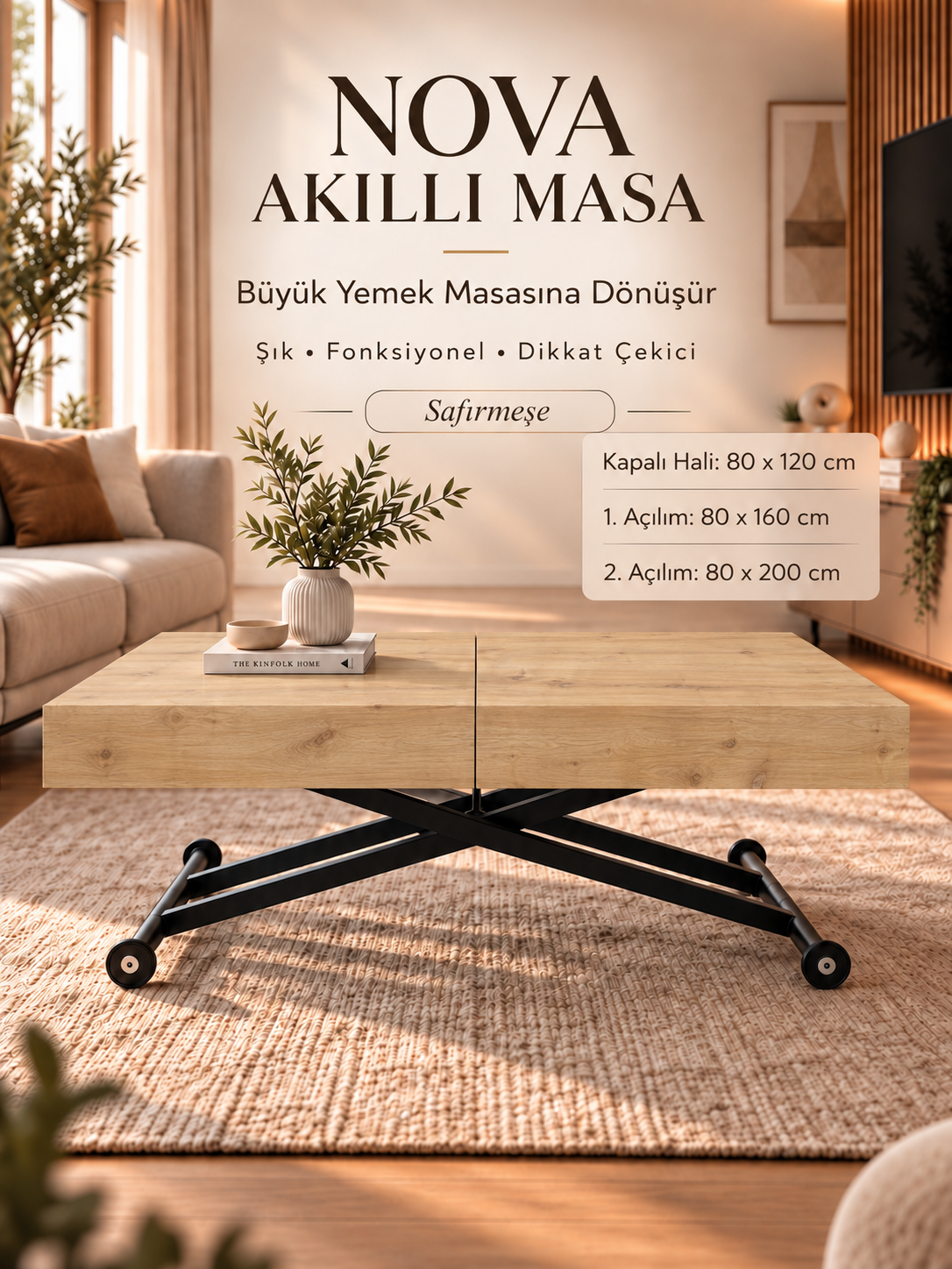 Oval Side-Opening Smart Table | Travertine MDF & Black