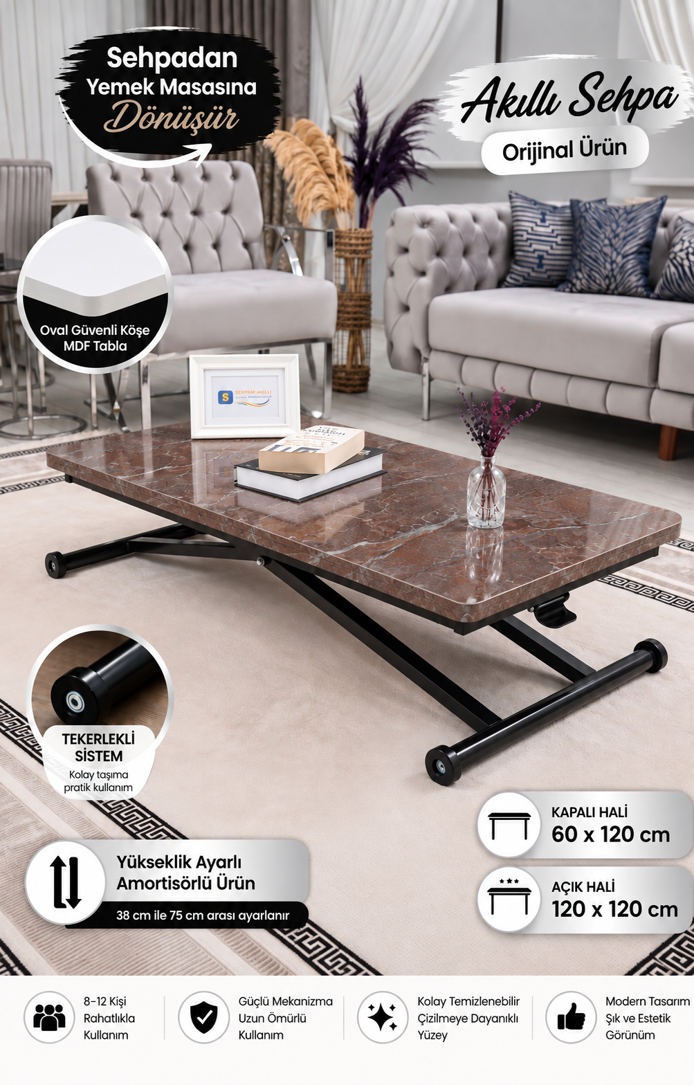 Home Akıllı Sehpa – VişneMermer MDF Üst & Siyah Metal Ayak