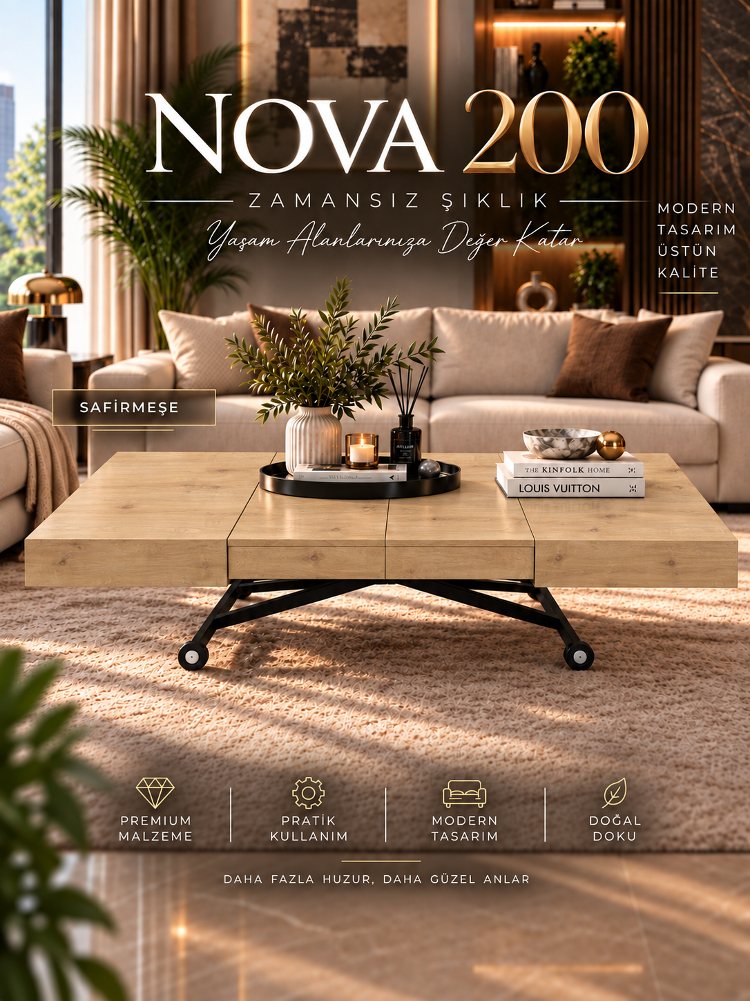 Oval Side-Opening Smart Table | Travertine MDF & Black