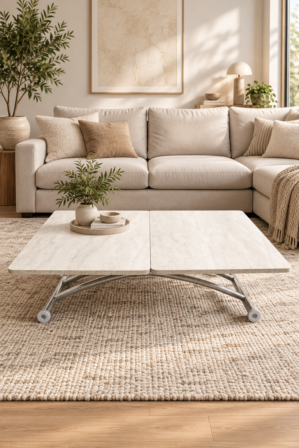 Juppo Smart Coffee Table – Travertine MDF Top & Chrome Outward Curved Metal Leg