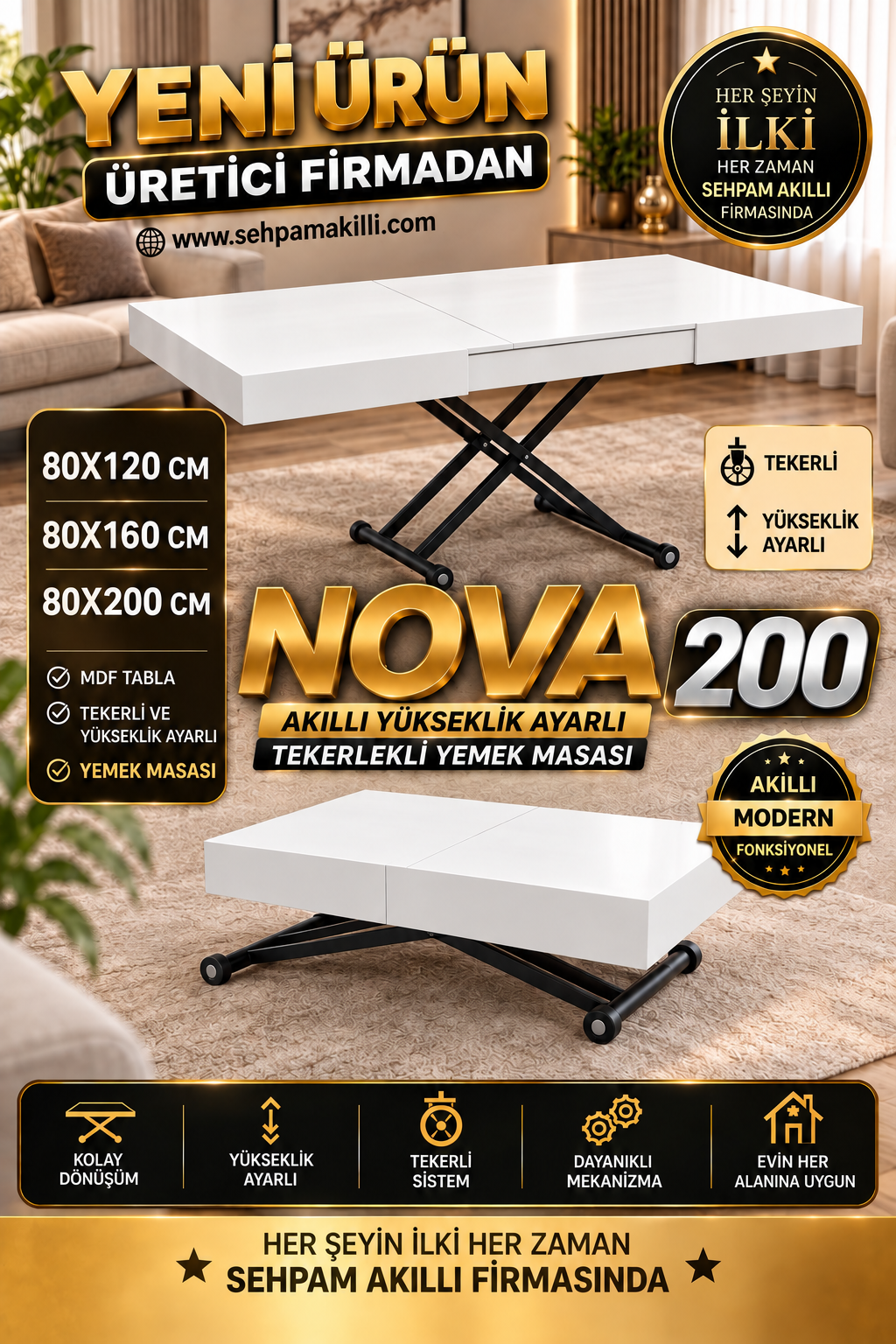 Oval Side-Opening Smart Table | Travertine MDF & Black