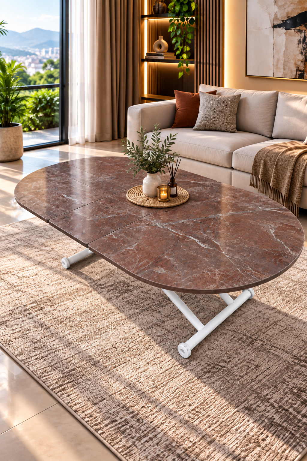 Ortadan Açılır Oval Akıllı Masa | VişneMermer MDF & Beyaz