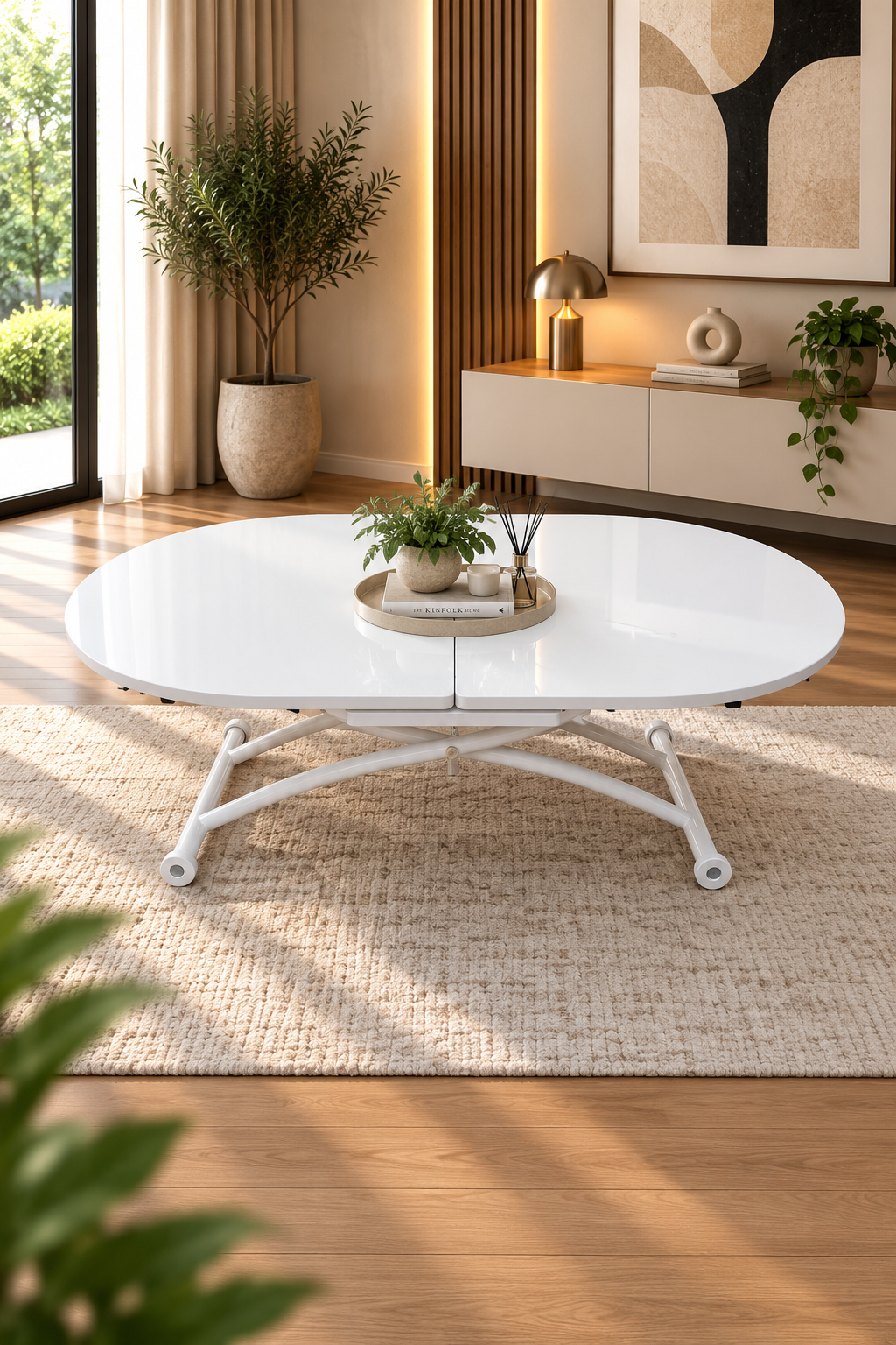 Extendable Oval Smart Table | White Marble MDF & White