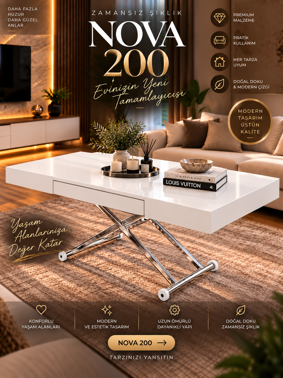 Oval Side-Opening Smart Table | Travertine MDF & Black
