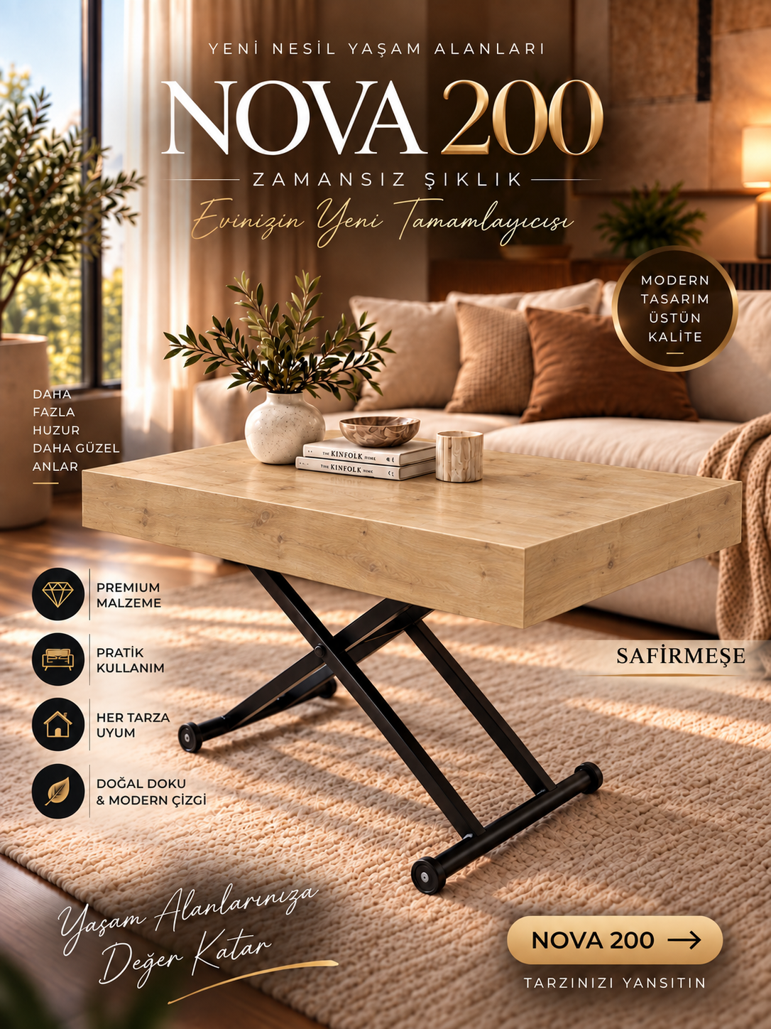 Oval Side-Opening Smart Table | Travertine MDF & Black