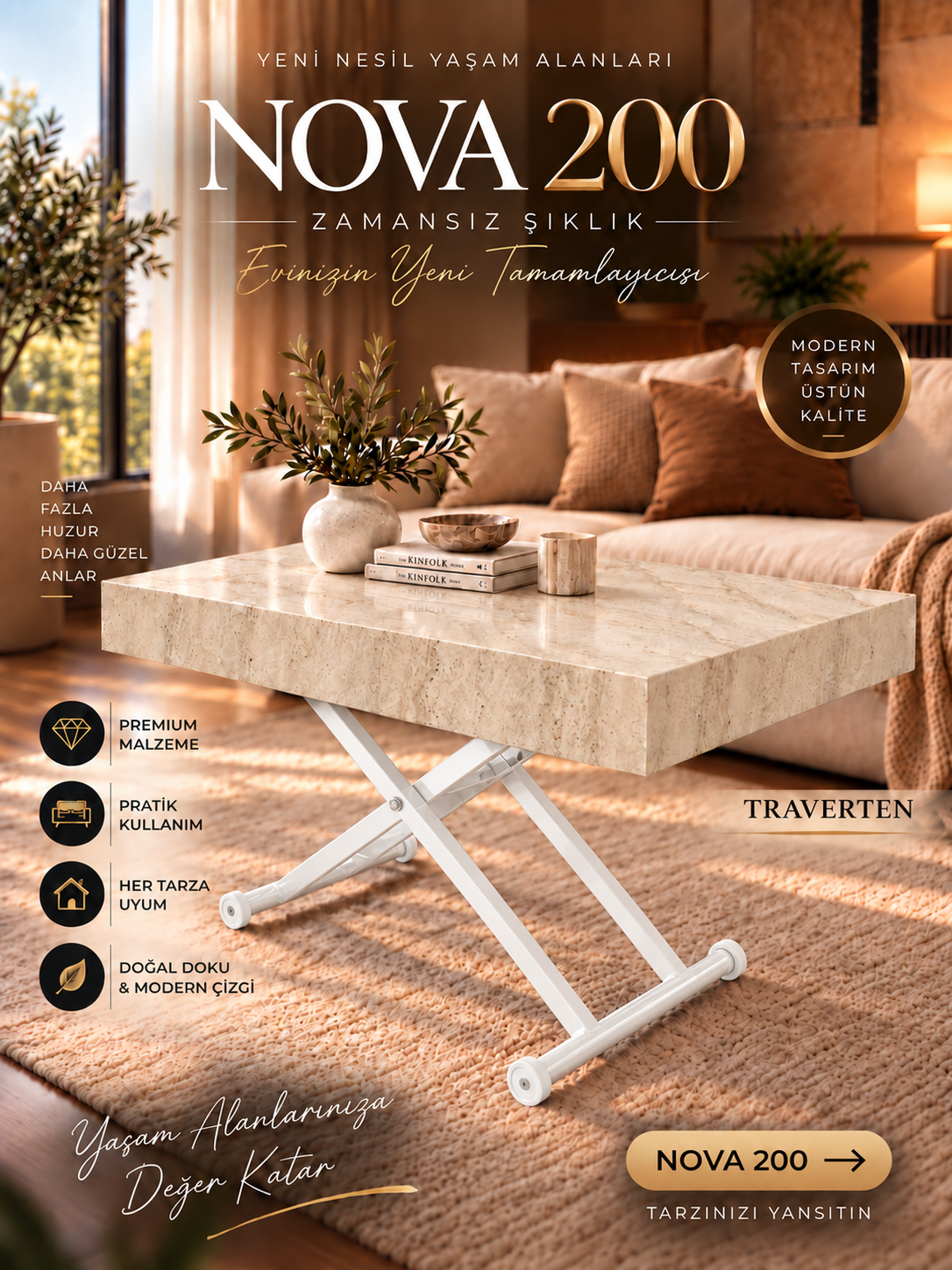 Oval Side-Opening Smart Table | Travertine MDF & Black