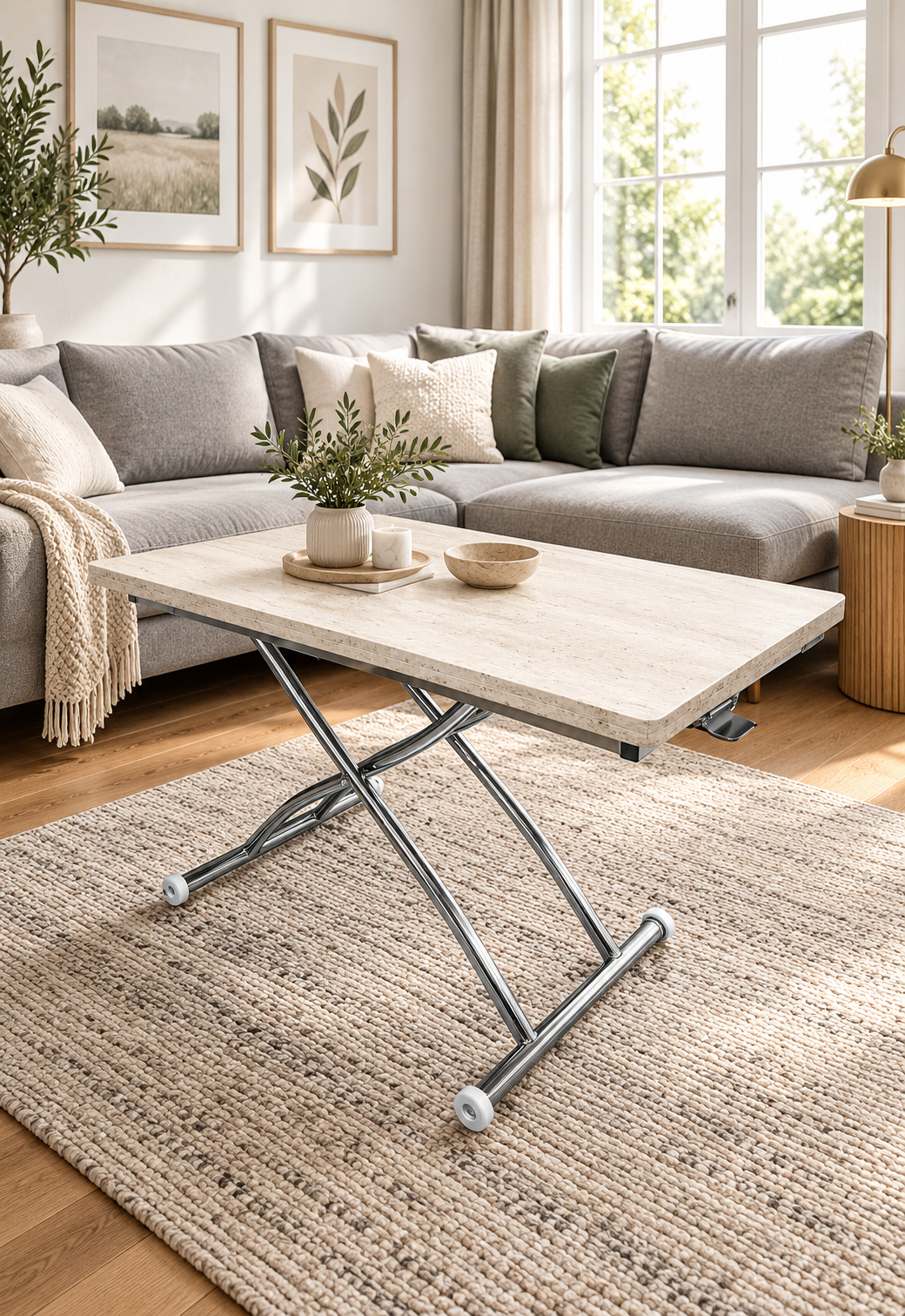 Juppo Smart Coffee Table – Travertine MDF Top & Chrome Outward Curved Metal Leg