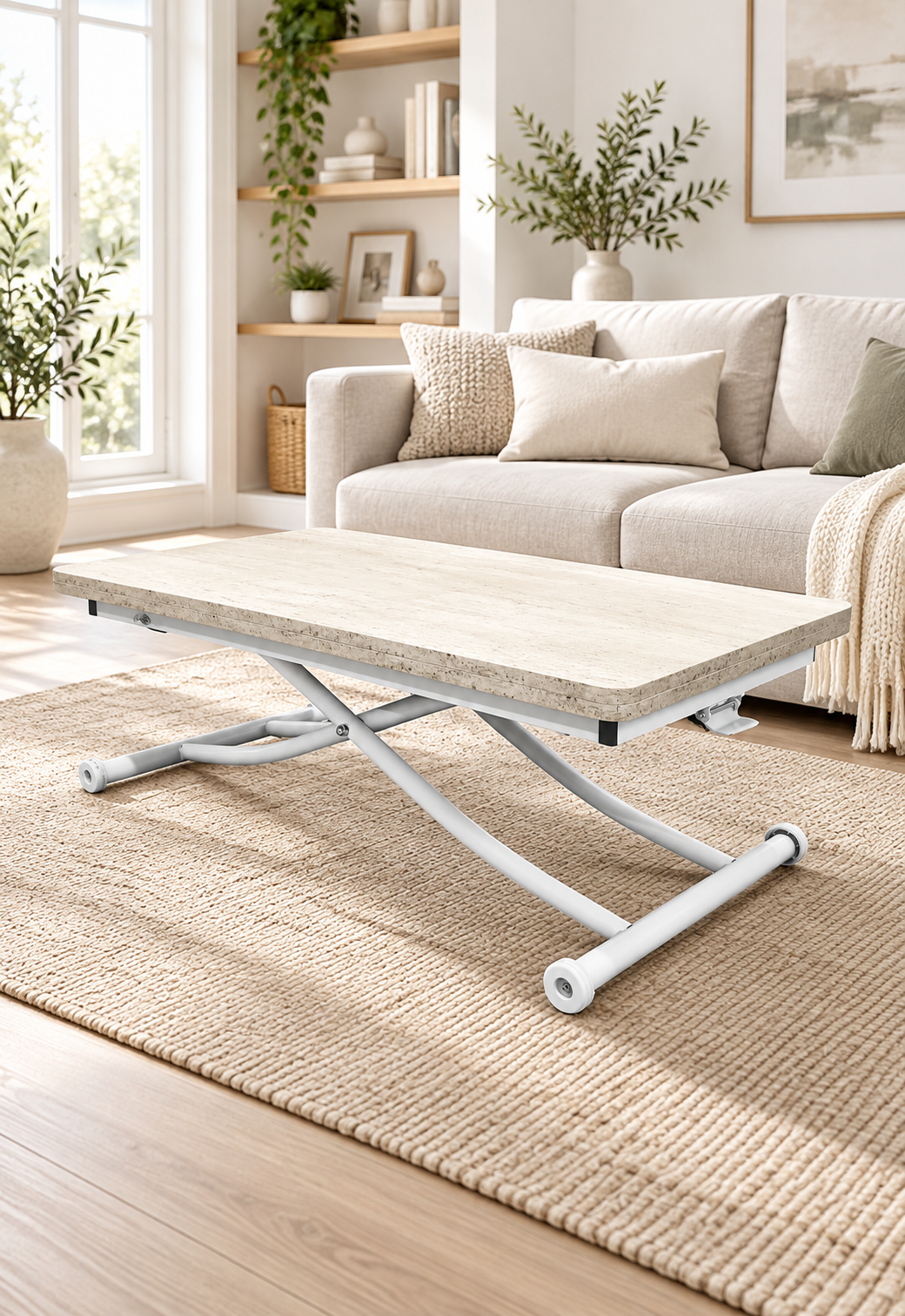 Juppo Smart Coffee Table – Travertine MDF Top & White Metal Legs