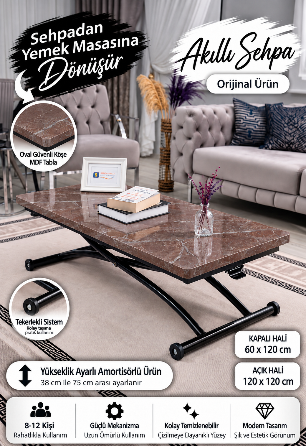 Juppo Akıllı Sehpa – VişneMermer MDF Üst & Siyah Dışa Kıvrım Metal Ayak