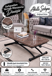 Juppo Akıllı Sehpa – VişneMermer MDF Üst & Siyah Dışa Kıvrım Metal Ayak