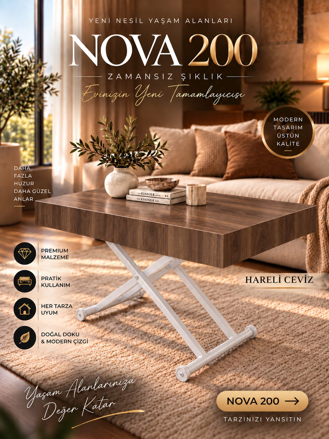 Oval Side-Opening Smart Table | Travertine MDF & Black
