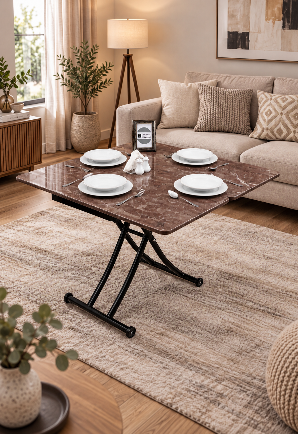 Mini Juppo Akıllı Sehpa – VişneMermer MDF Üst & Siyah İçe Kıvrım Metal Ayak