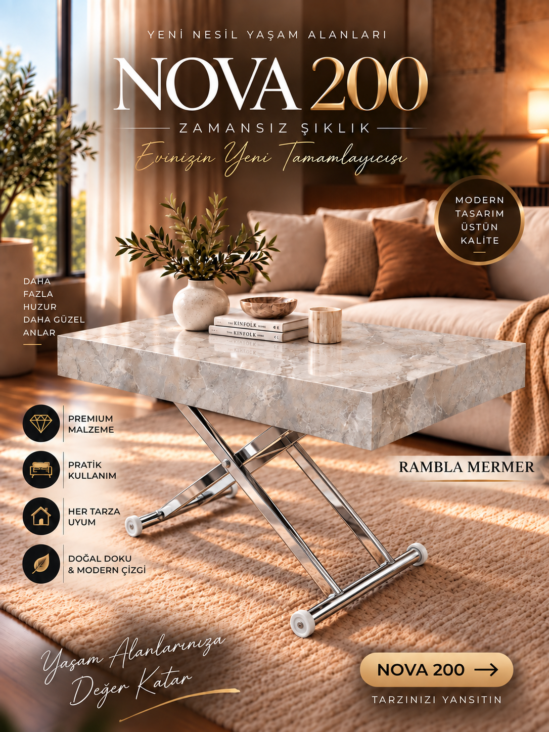 Oval Side-Opening Smart Table | Travertine MDF & Black