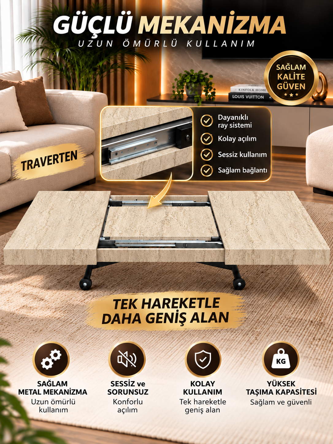 Oval Side-Opening Smart Table | Travertine MDF & Black