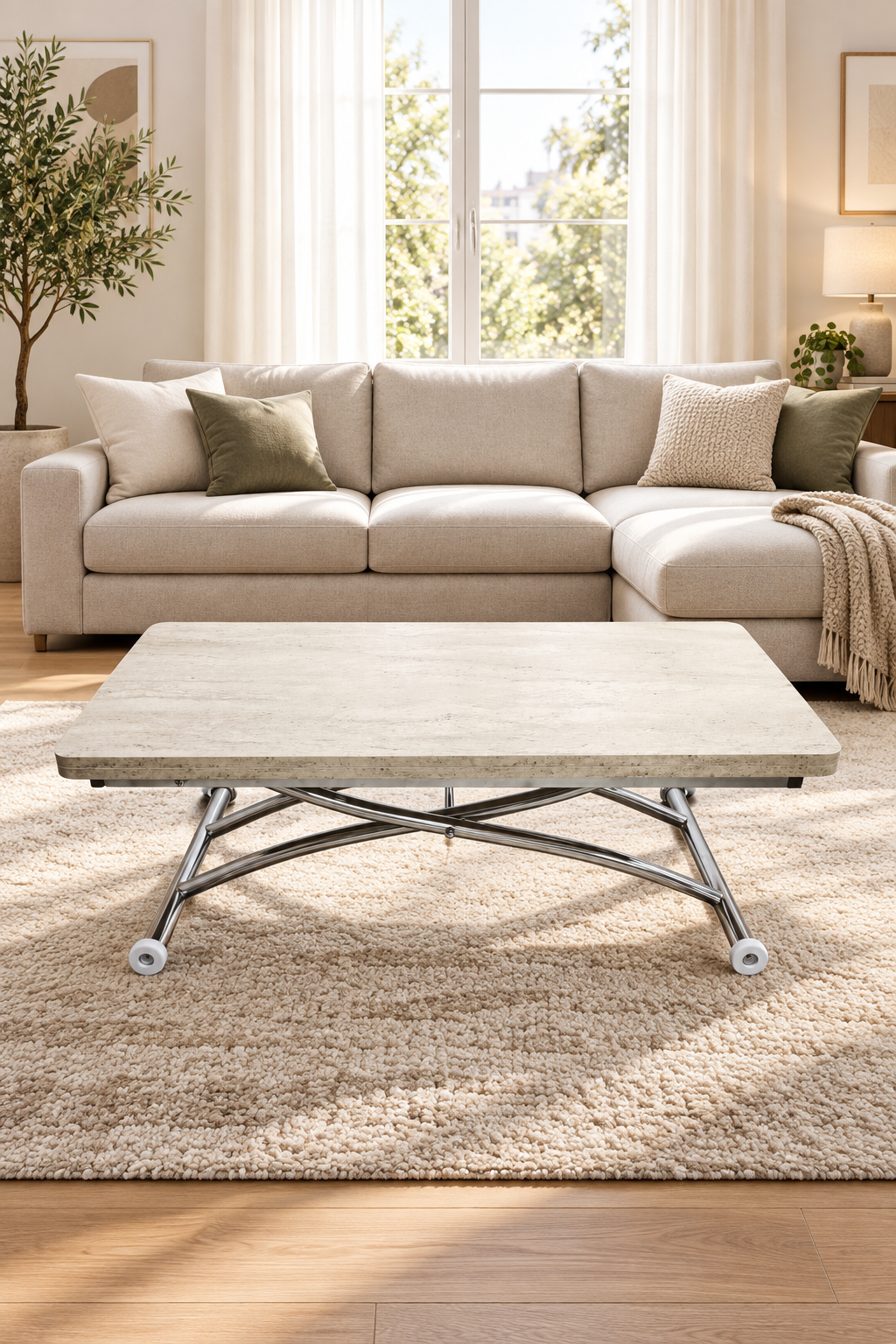 Juppo Smart Coffee Table – Travertine MDF Top & Chrome Outward Curved Metal Leg