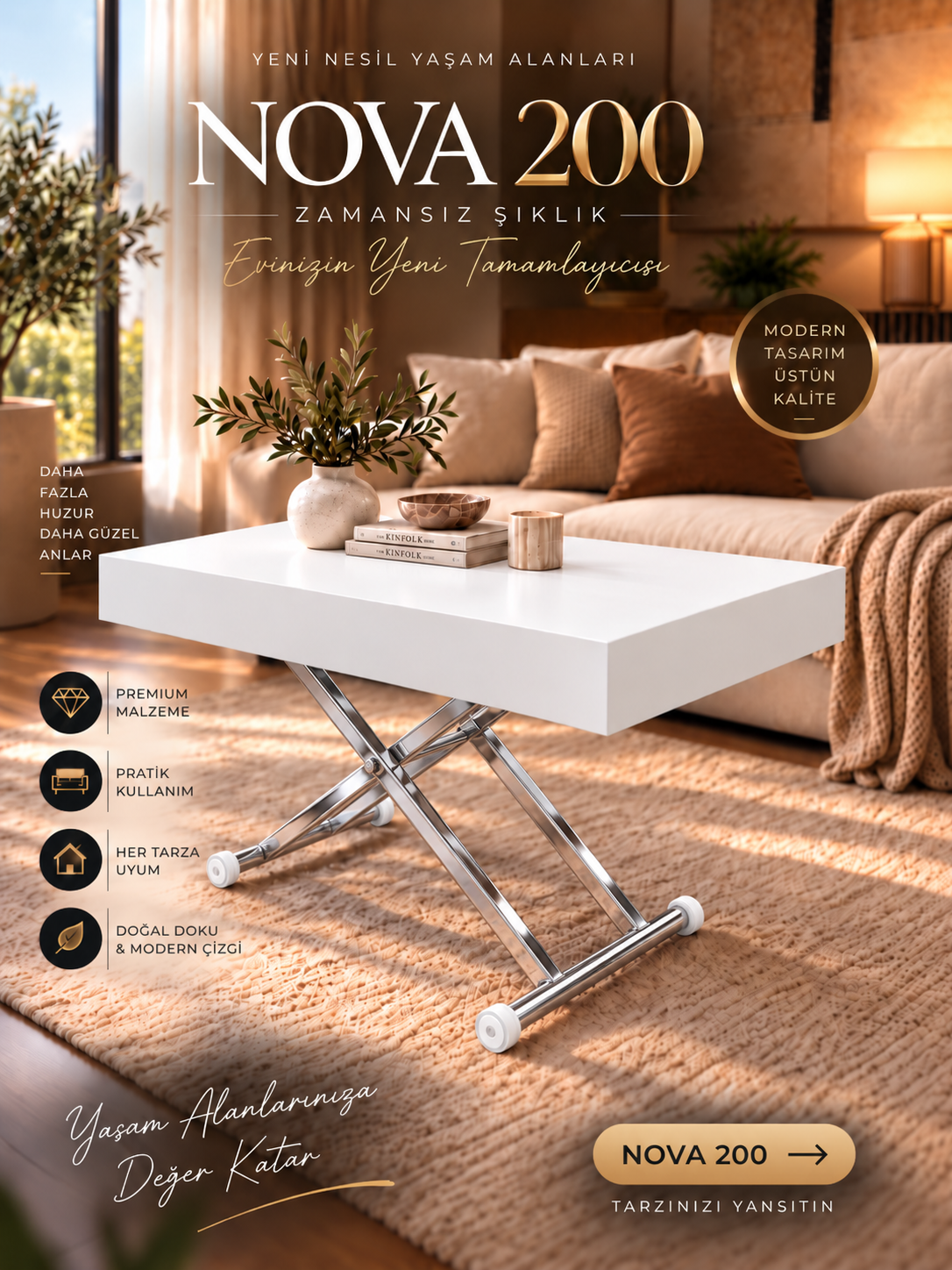 Oval Side-Opening Smart Table | Travertine MDF & Black