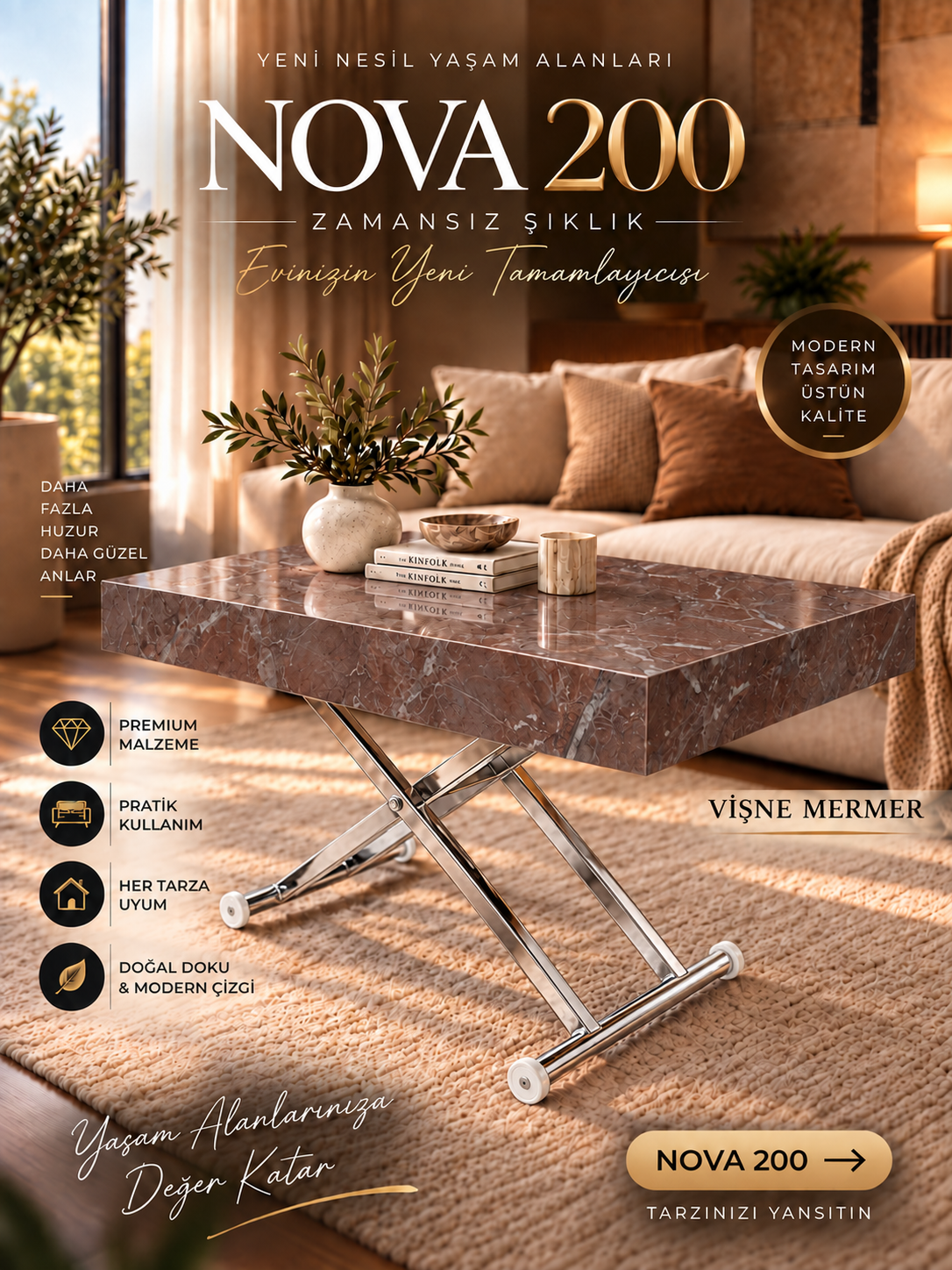Oval Side-Opening Smart Table | Travertine MDF & Black