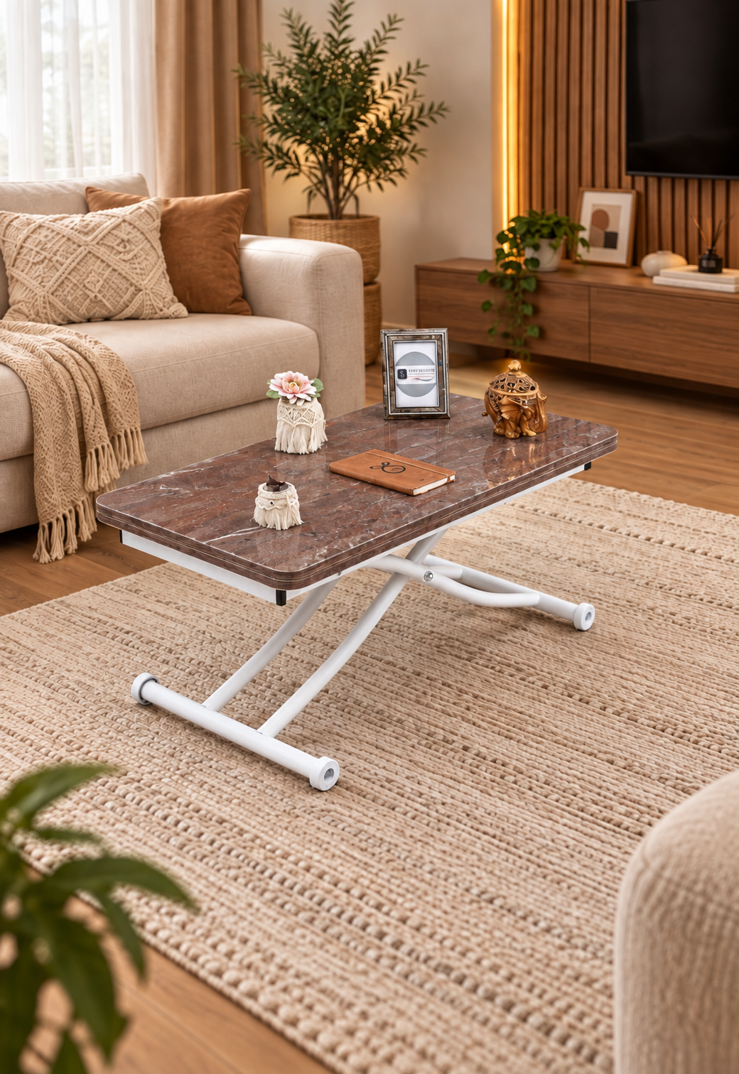 Mini Juppo Akıllı Sehpa – VişneMermer MDF Üst & Beyaz İçe Kıvrım Metal Ayak