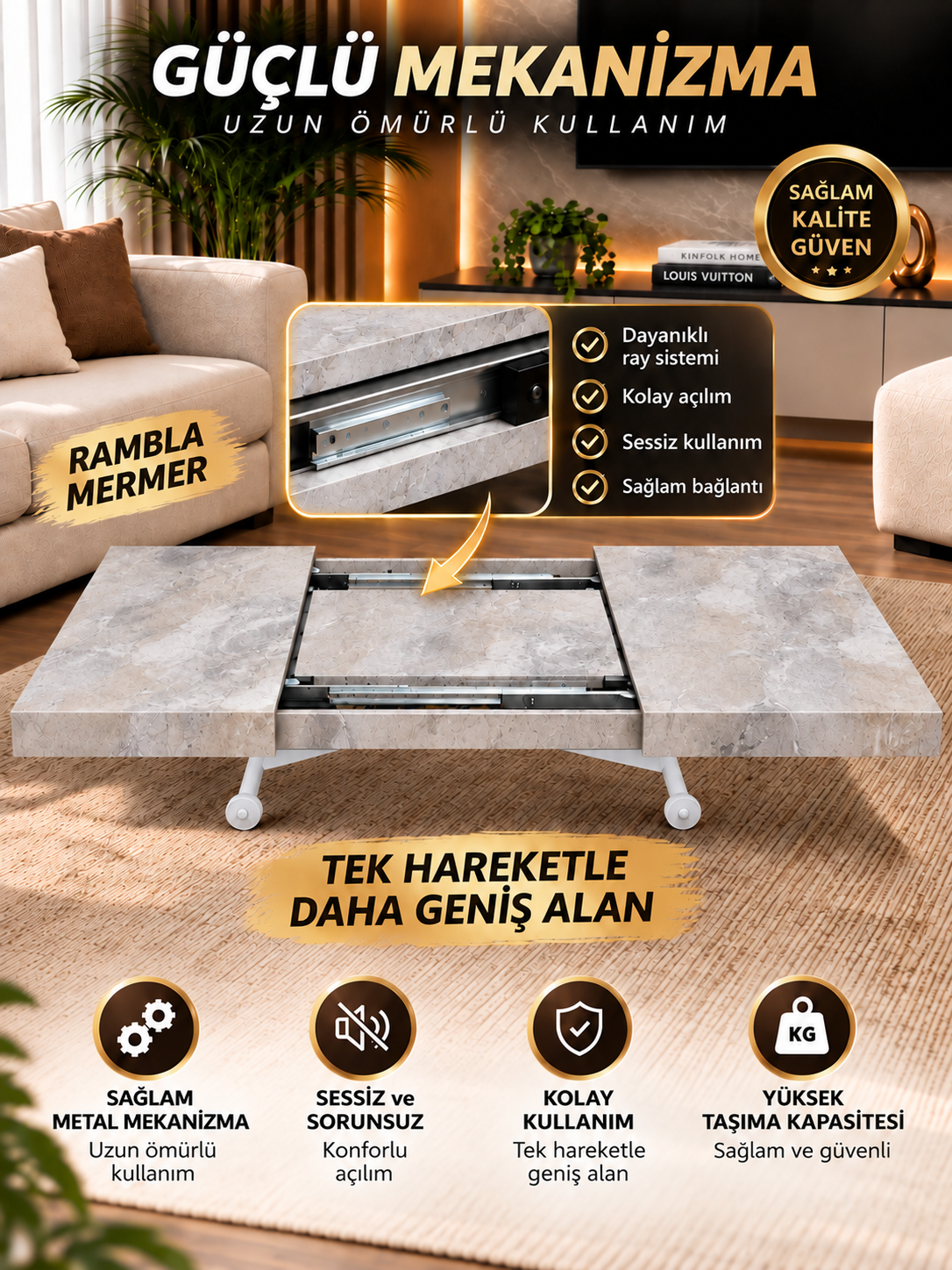 Oval Side-Opening Smart Table | Travertine MDF & Black