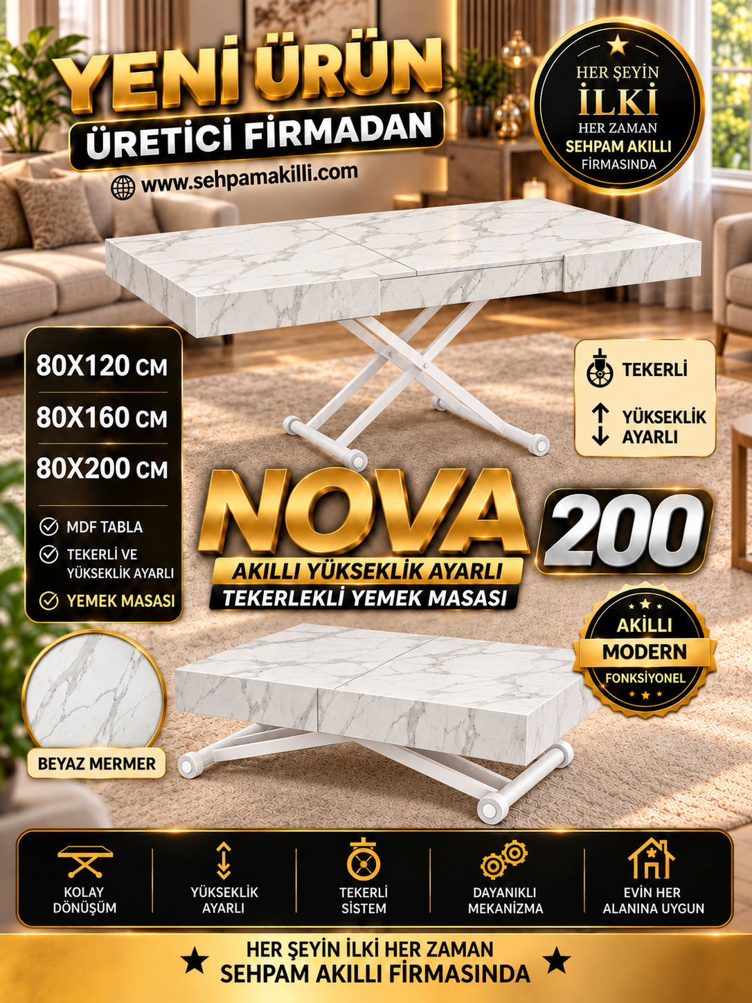 Oval Side-Opening Smart Table | Travertine MDF & Black