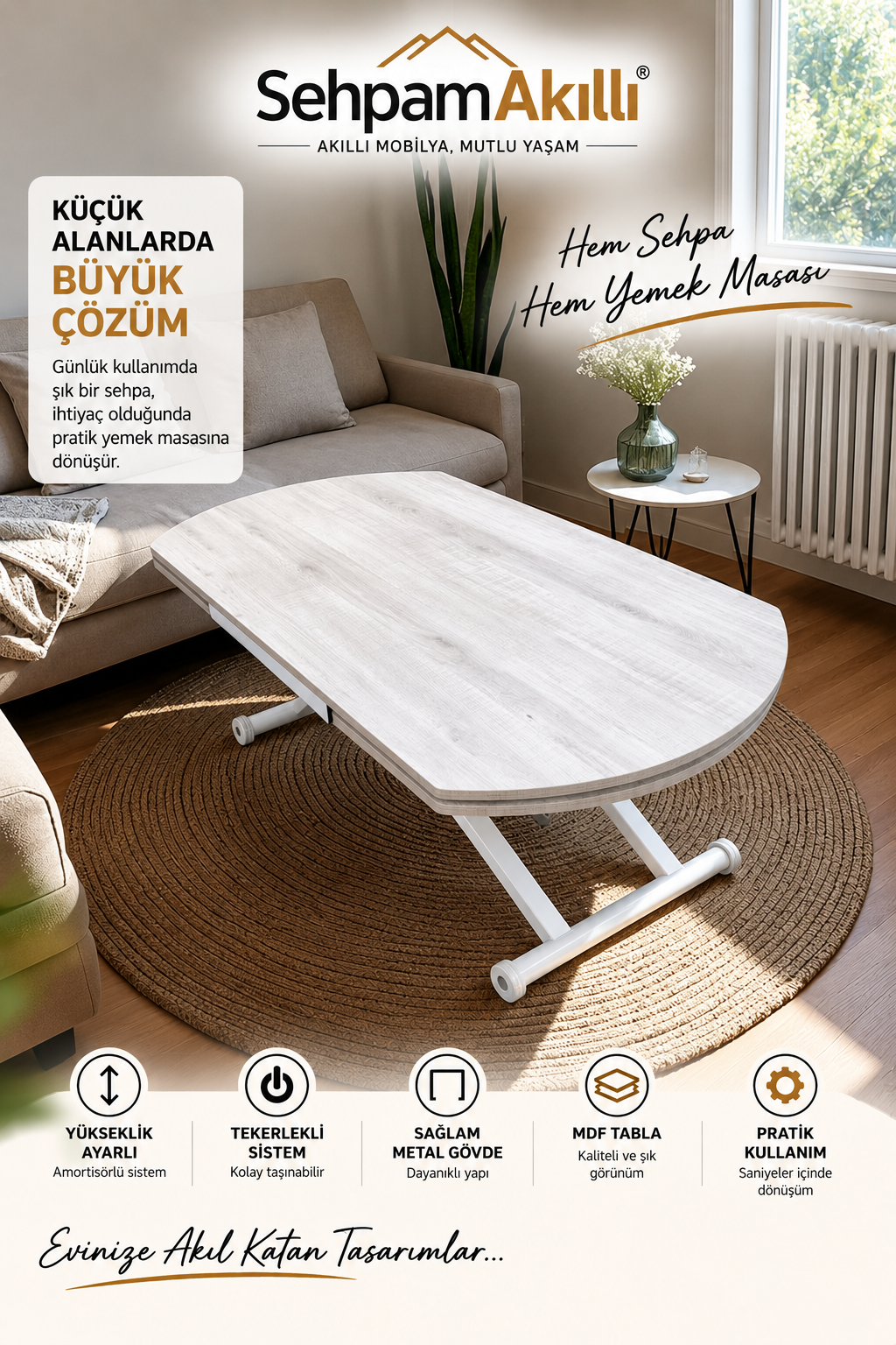 Oval Yan Baştan Açılır Akıllı Masa | Lizbon MDF & Beyaz
