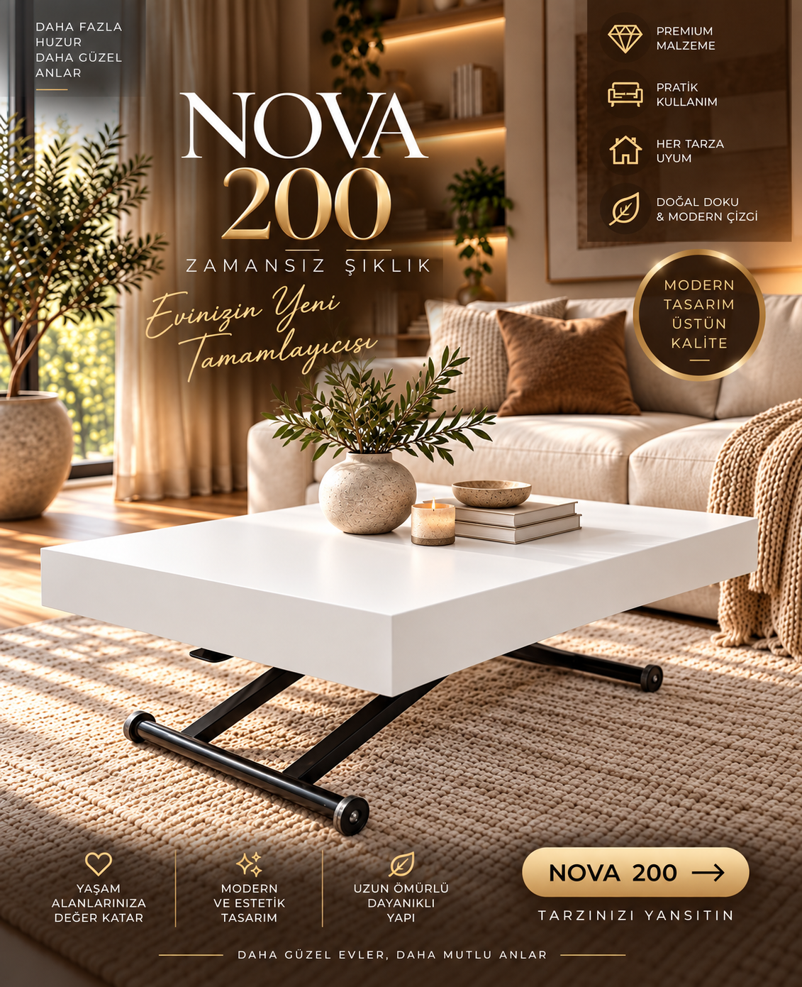 Oval Side-Opening Smart Table | Travertine MDF & Black