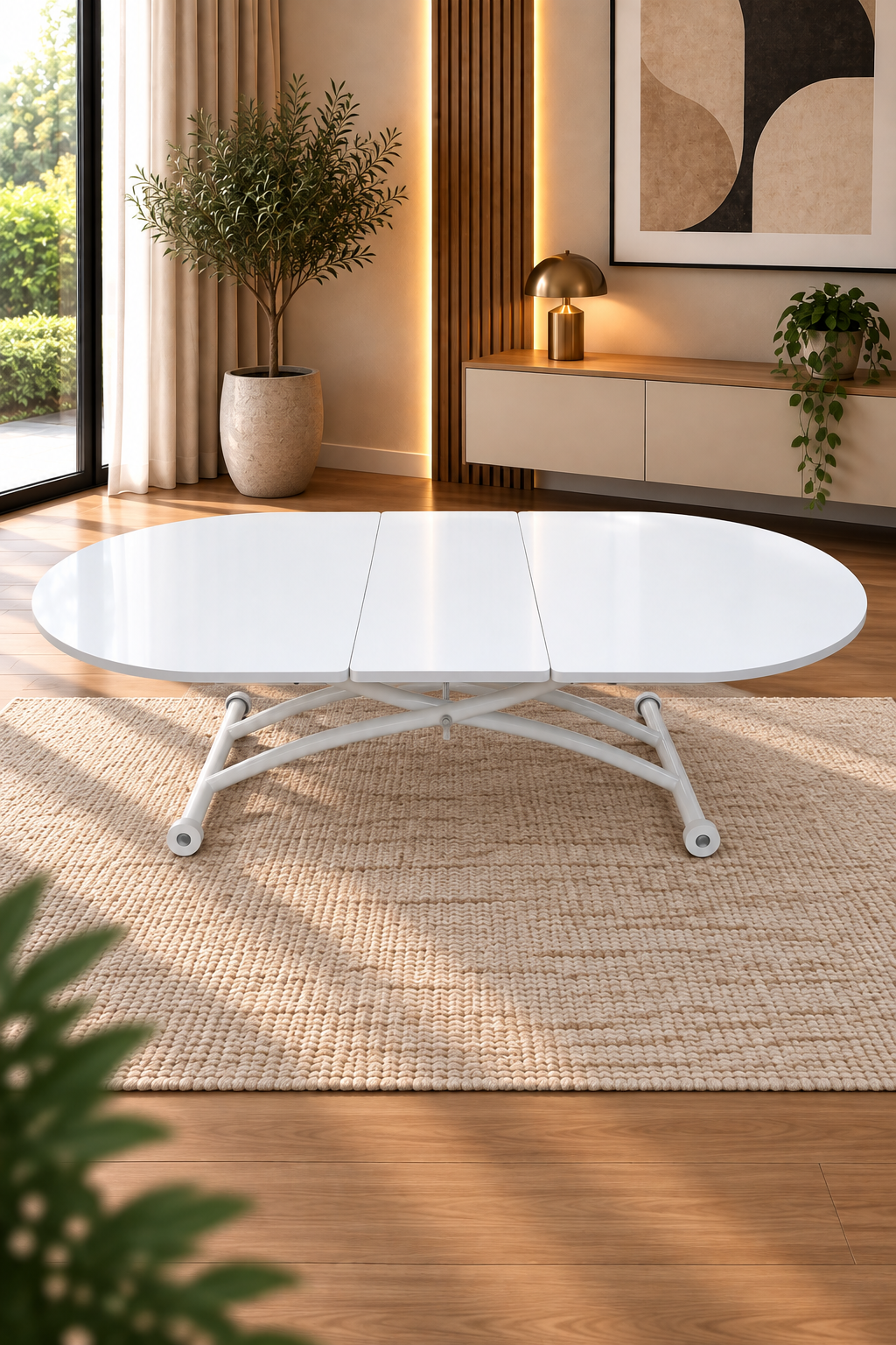 Extendable Oval Smart Table | White Marble MDF & White