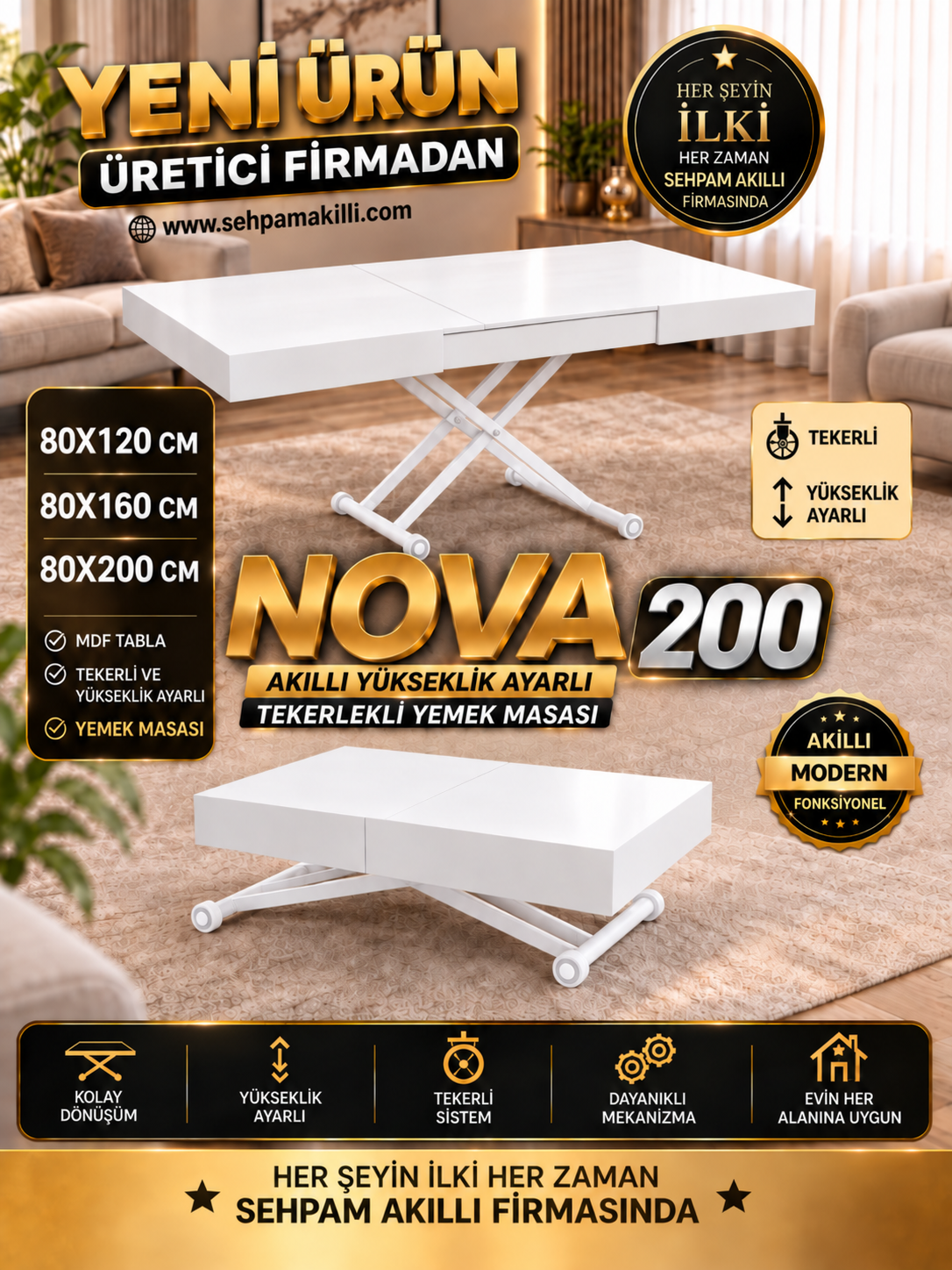Oval Side-Opening Smart Table | Travertine MDF & Black