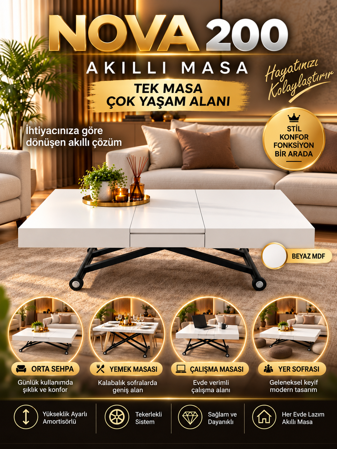 Oval Side-Opening Smart Table | Travertine MDF & Black