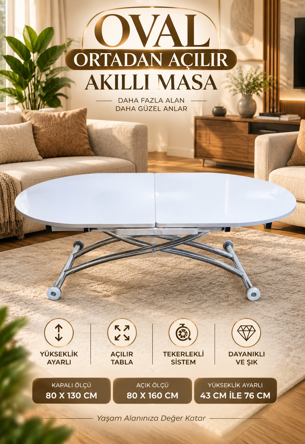 Ortadan Açılır Oval Akıllı Masa | Beyaz MDF & Krom