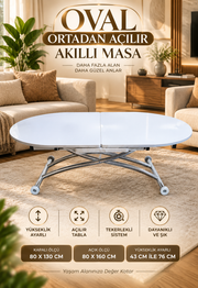 Ortadan Açılır Oval Akıllı Masa | Beyaz MDF & Krom