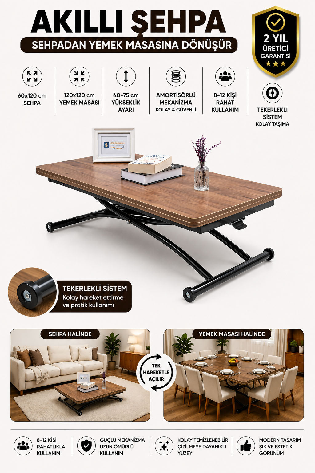 Juppo Smart Coffee Table – Walnut MDF Top & Black Outward-Curved Metal Legs