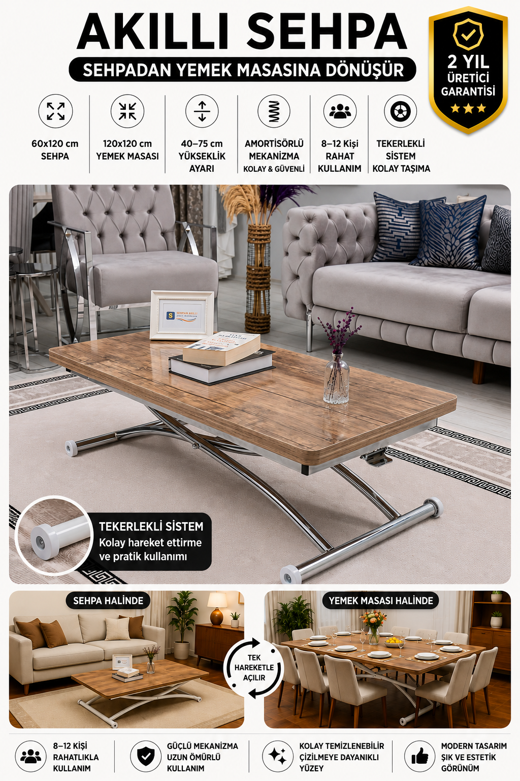 Juppo Smart Coffee Table – Antique Light MDF Top & Chrome Outward Curved Metal Legs