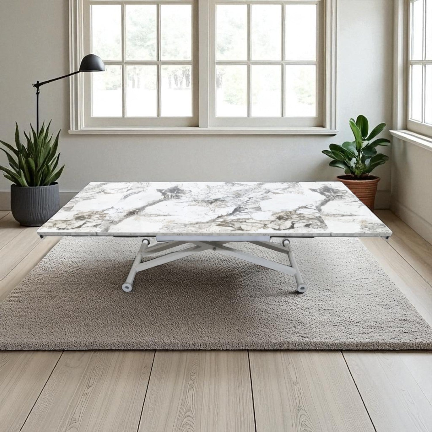Smart Side-Opening Desk | White Marble MDF & White Legs