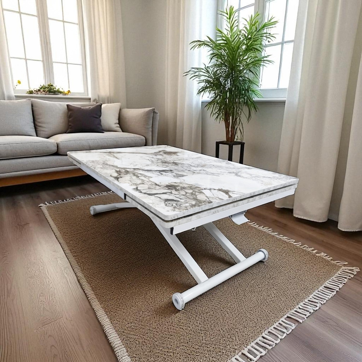 Smart Side-Opening Desk | White Marble MDF & White Legs