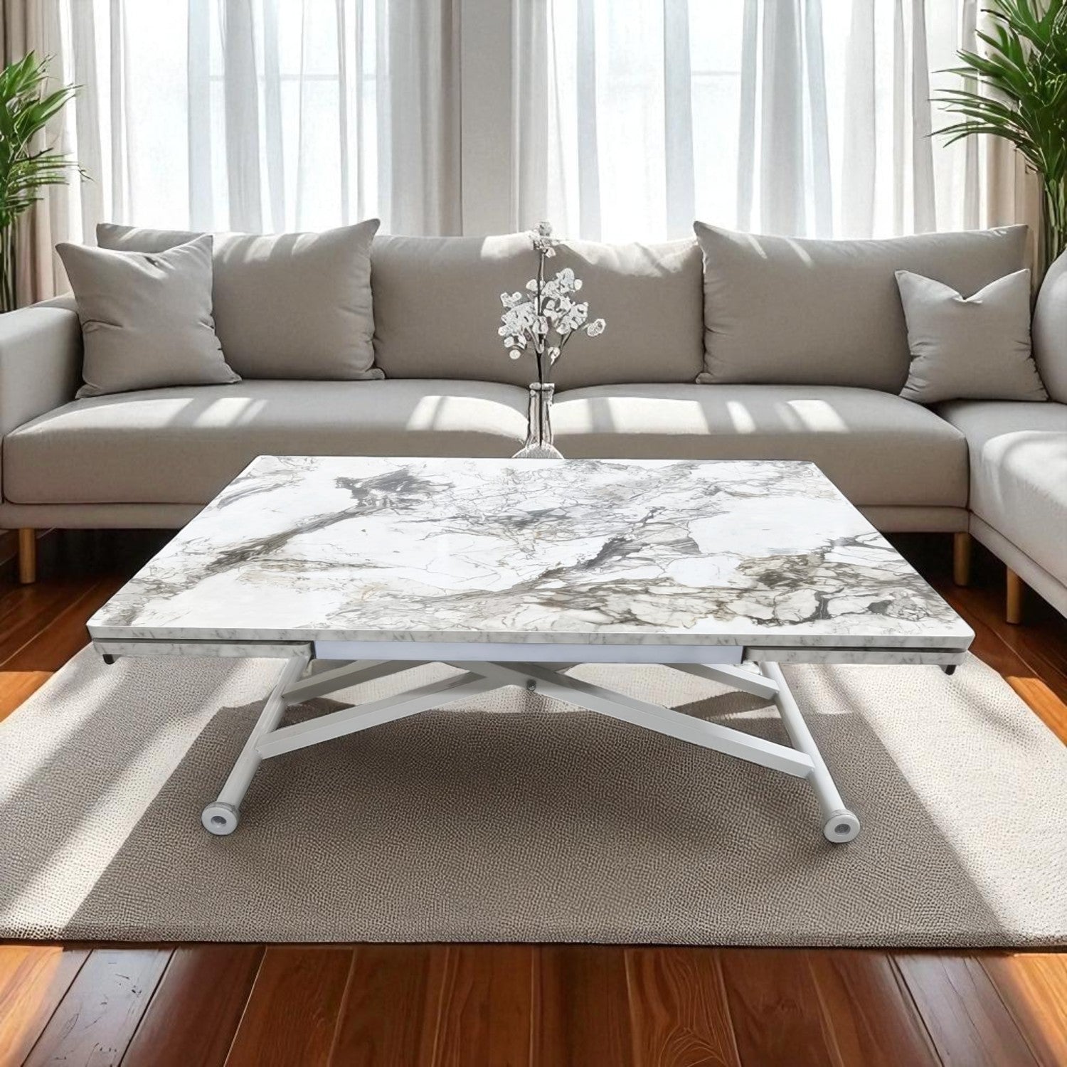 Smart Side-Opening Desk | White Marble MDF & White Legs