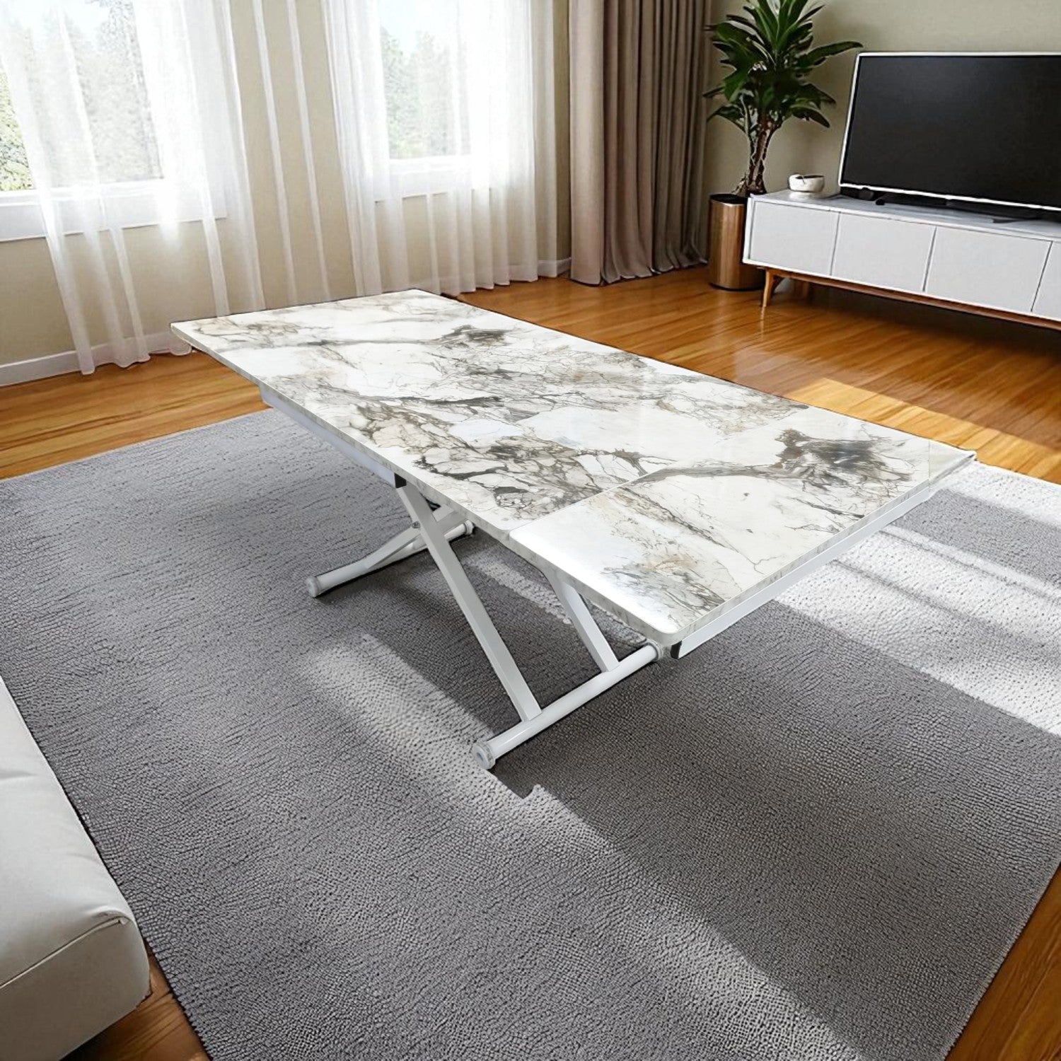 Smart Side-Opening Desk | White Marble MDF & White Legs