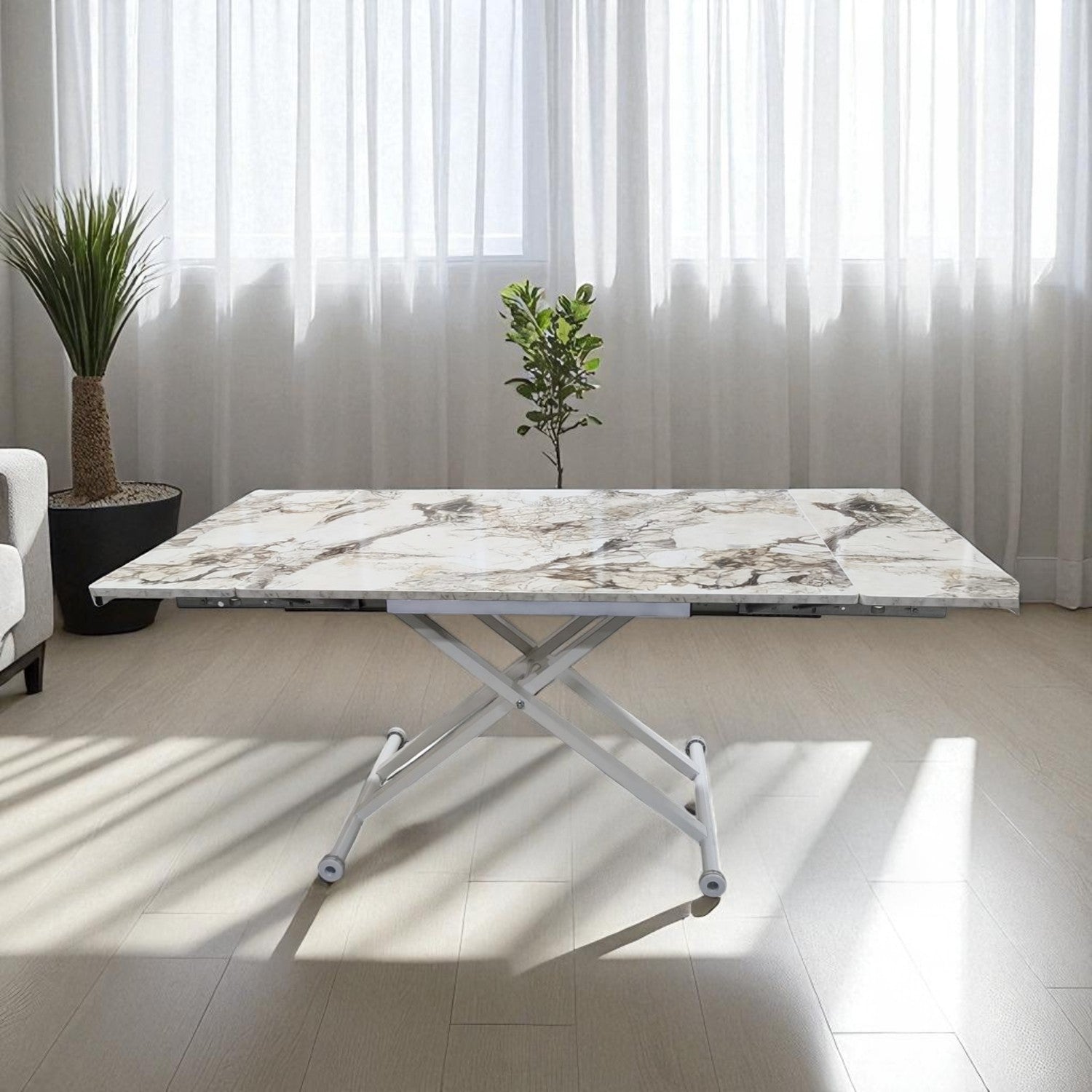 Smart Side-Opening Desk | White Marble MDF & White Legs