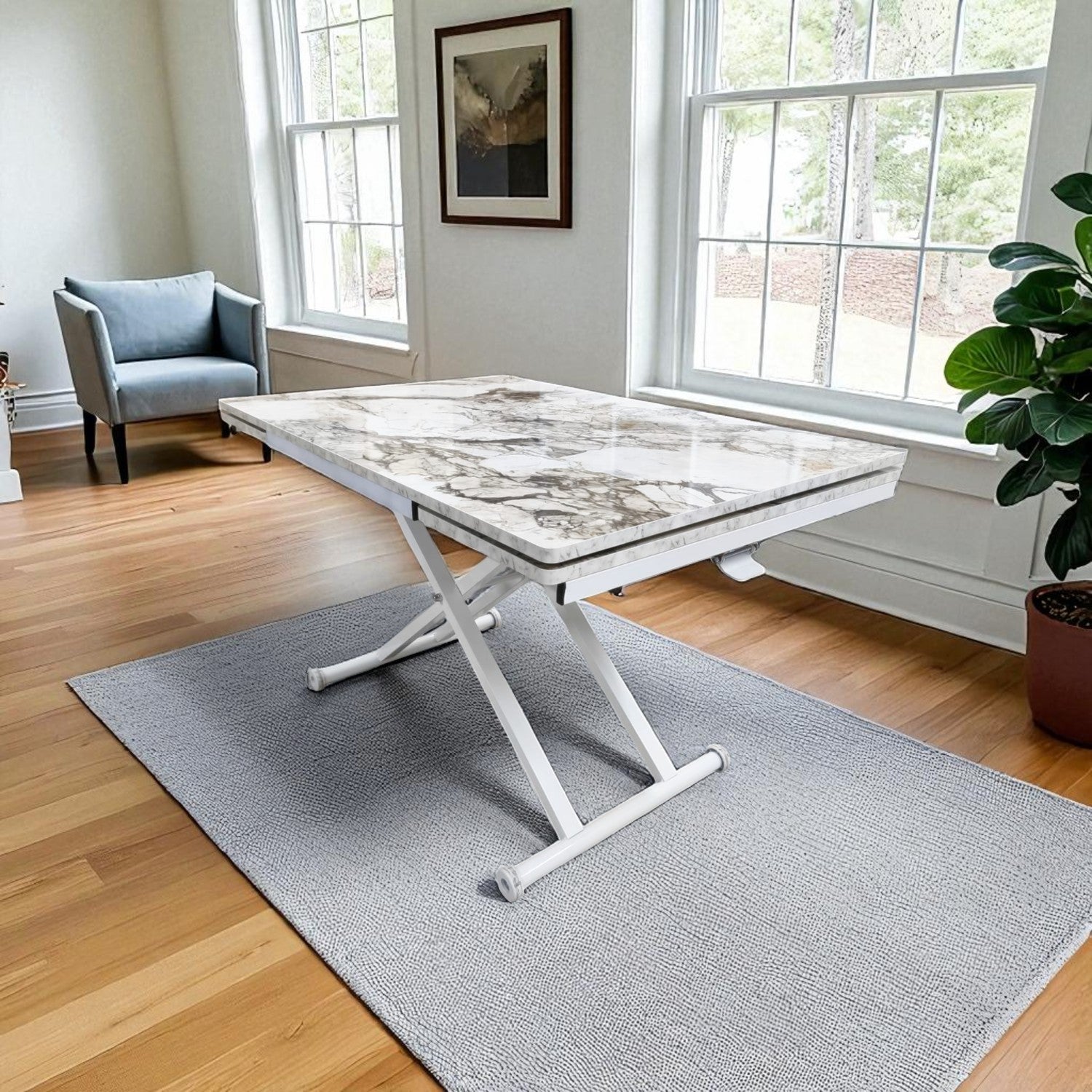 Smart Side-Opening Desk | White Marble MDF & White Legs
