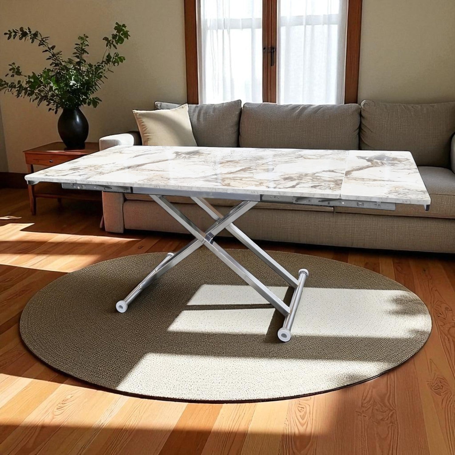 Smart Side-Opening Desk | White Marble MDF & Chrome Legs