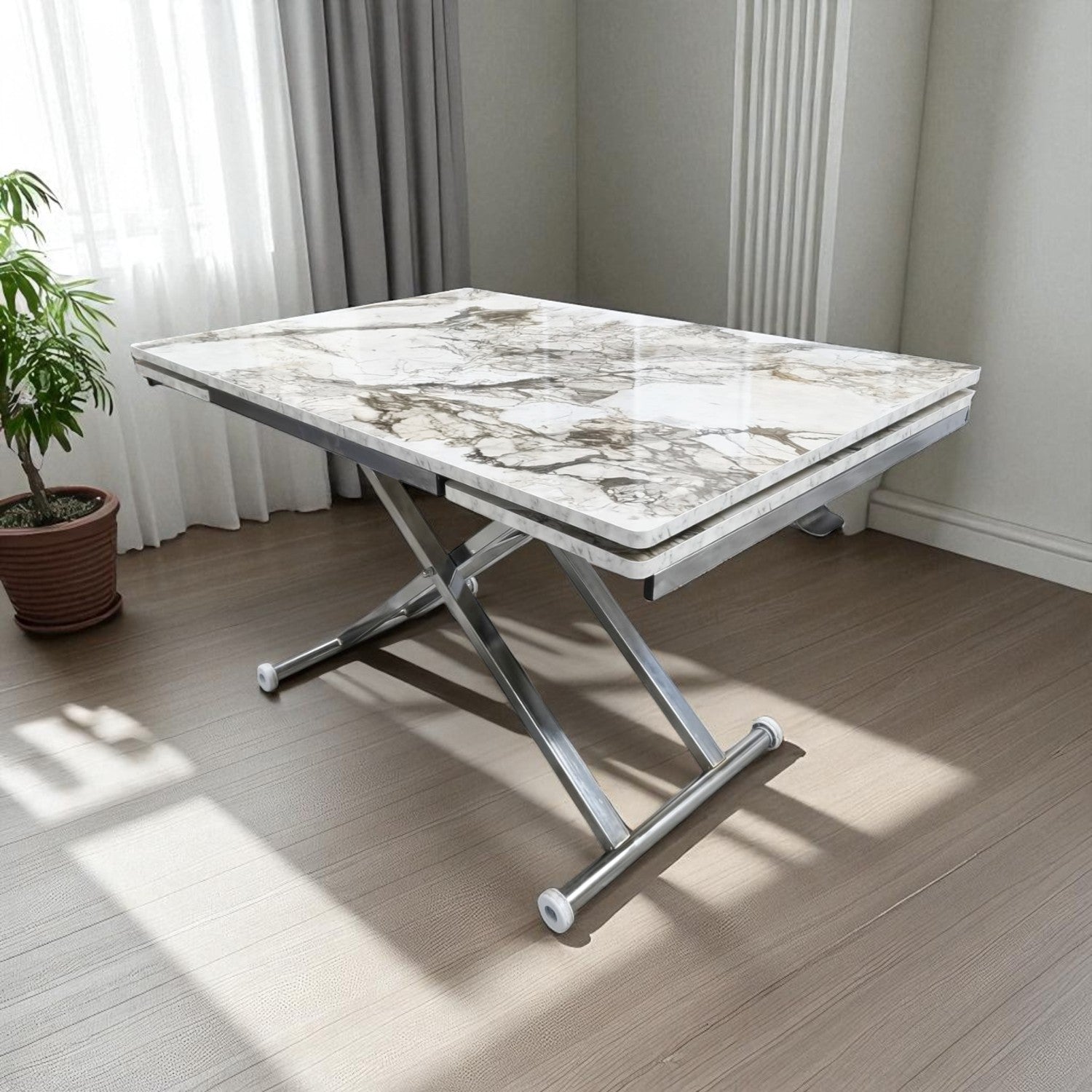 Smart Side-Opening Desk | White Marble MDF & Chrome Legs